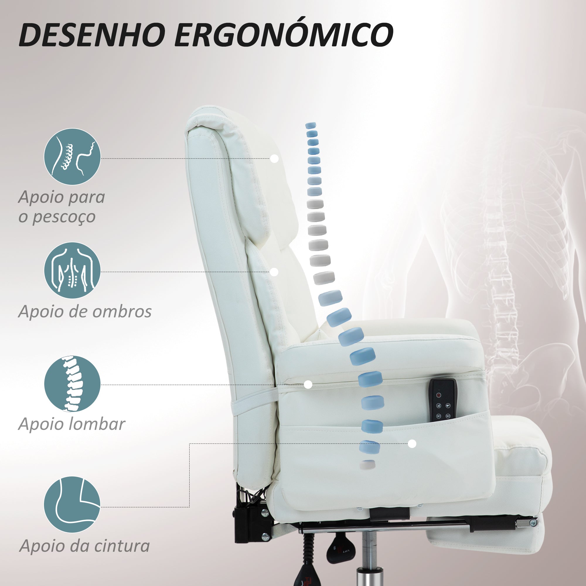 Cadeira de Escritório com Massagem 6 Pontos de Massagem 69x65x107-115 cm Branco