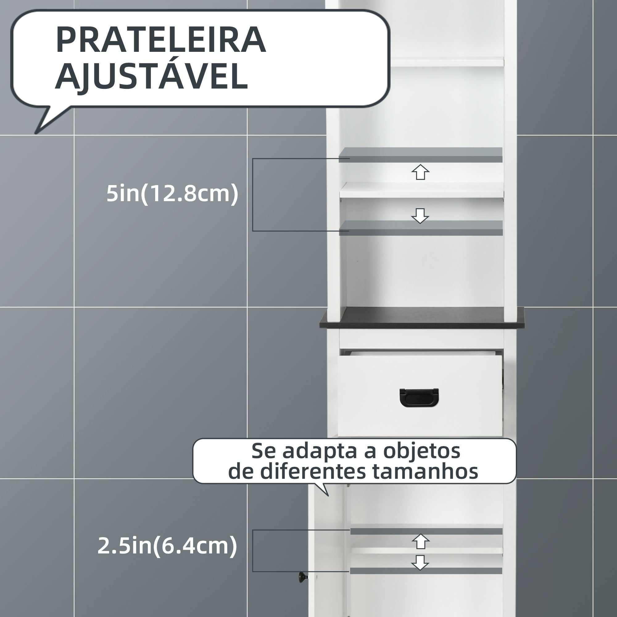 Coluna Casa de Banho Móvel com 3 Prateleiras de Armazenamento 40x30x160cm Branco e Preto