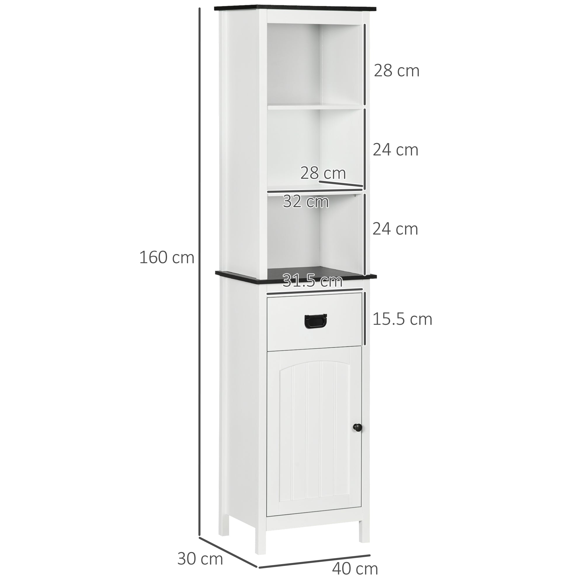 Coluna Casa de Banho Móvel com 3 Prateleiras de Armazenamento 40x30x160cm Branco e Preto
