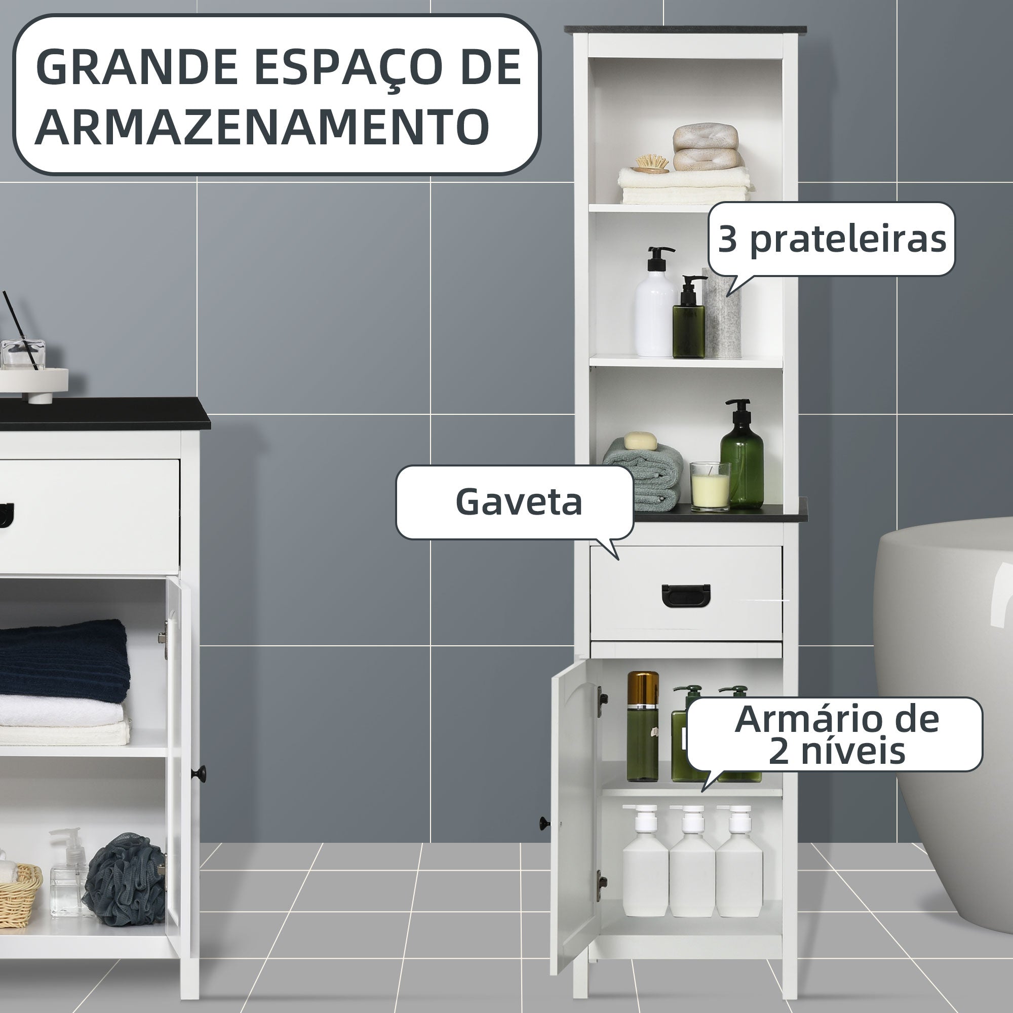 Coluna Casa de Banho Móvel com 3 Prateleiras de Armazenamento 40x30x160cm Branco e Preto