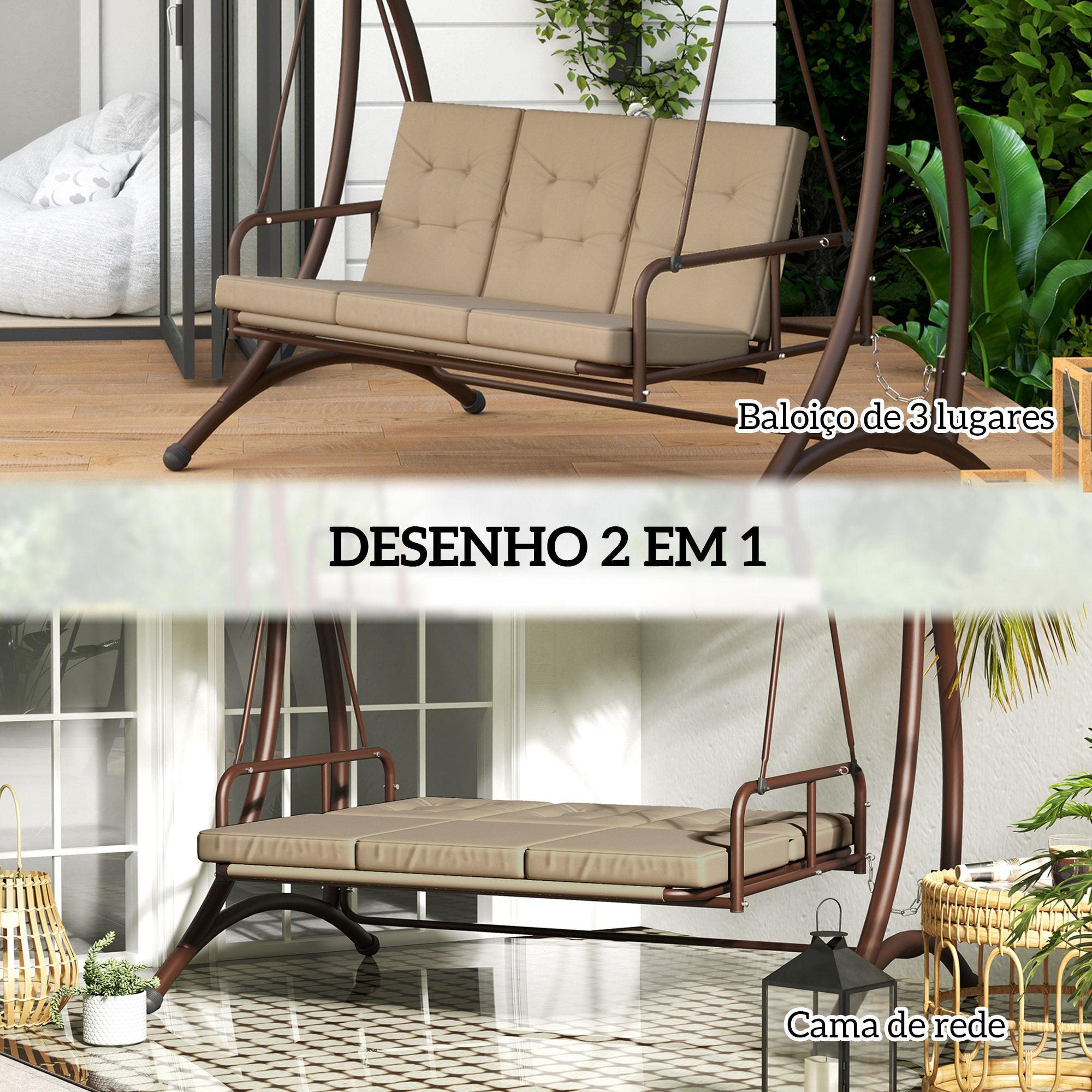 Baloiço de Jardim Exterior 3 Lugares Cáqui 200x120x175 cm