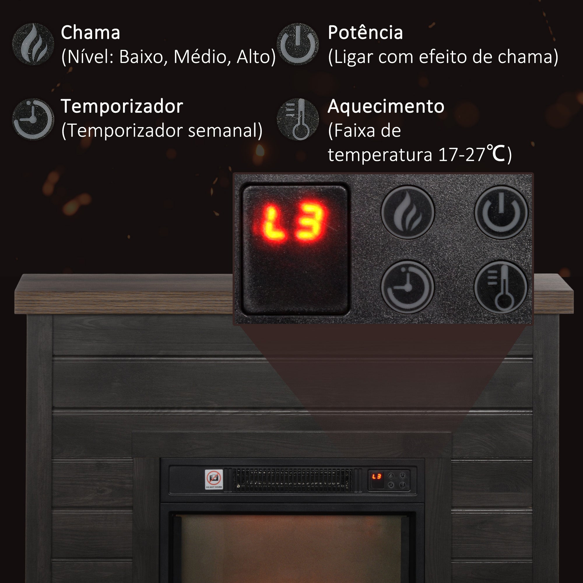 Lareira Elétrica Decorativa – 96,5x22x81,7 cm – Marrom Acinzentado – Melamina de madeira, metal e vidro temperado