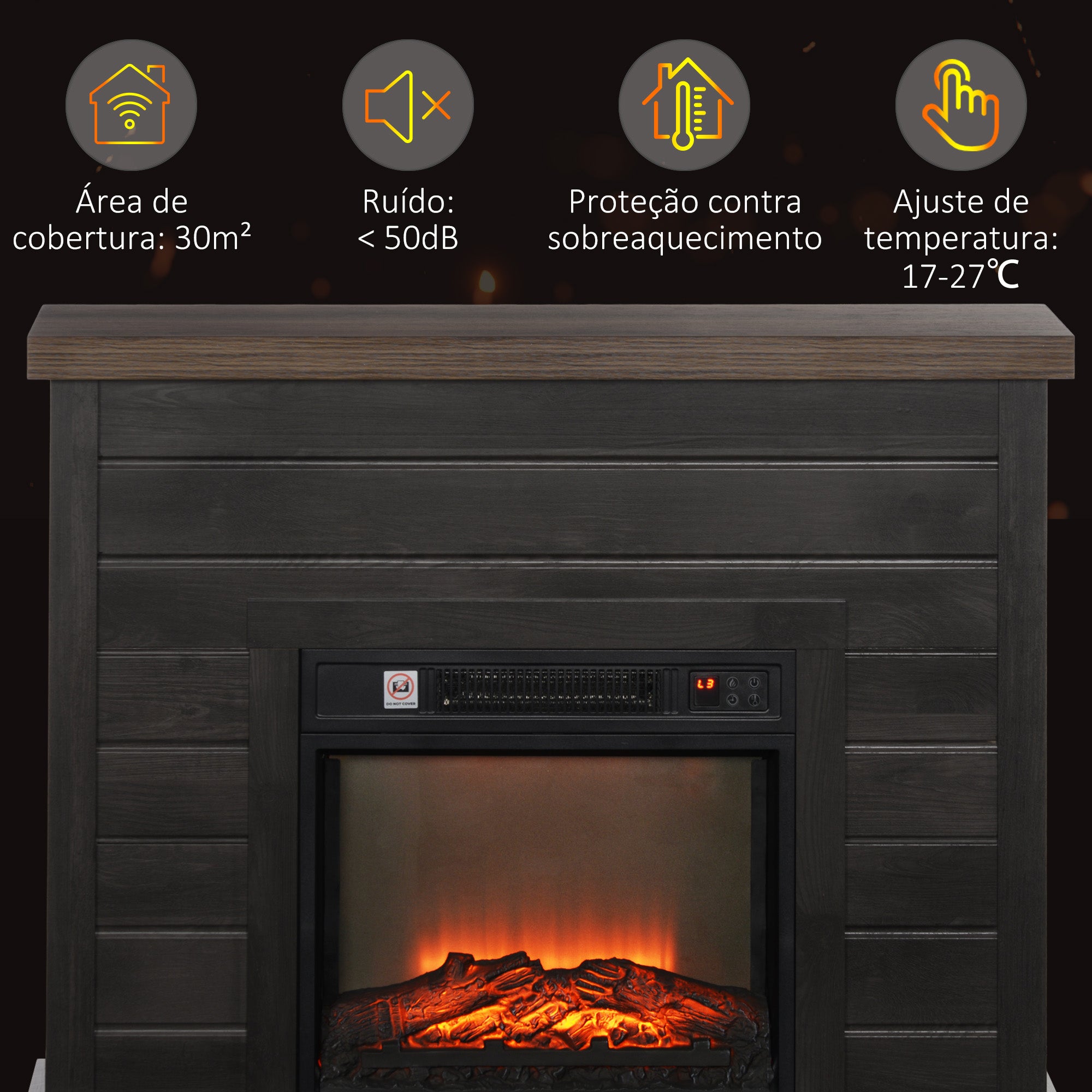 Lareira Elétrica Decorativa – 96,5x22x81,7 cm – Marrom Acinzentado – Melamina de madeira, metal e vidro temperado