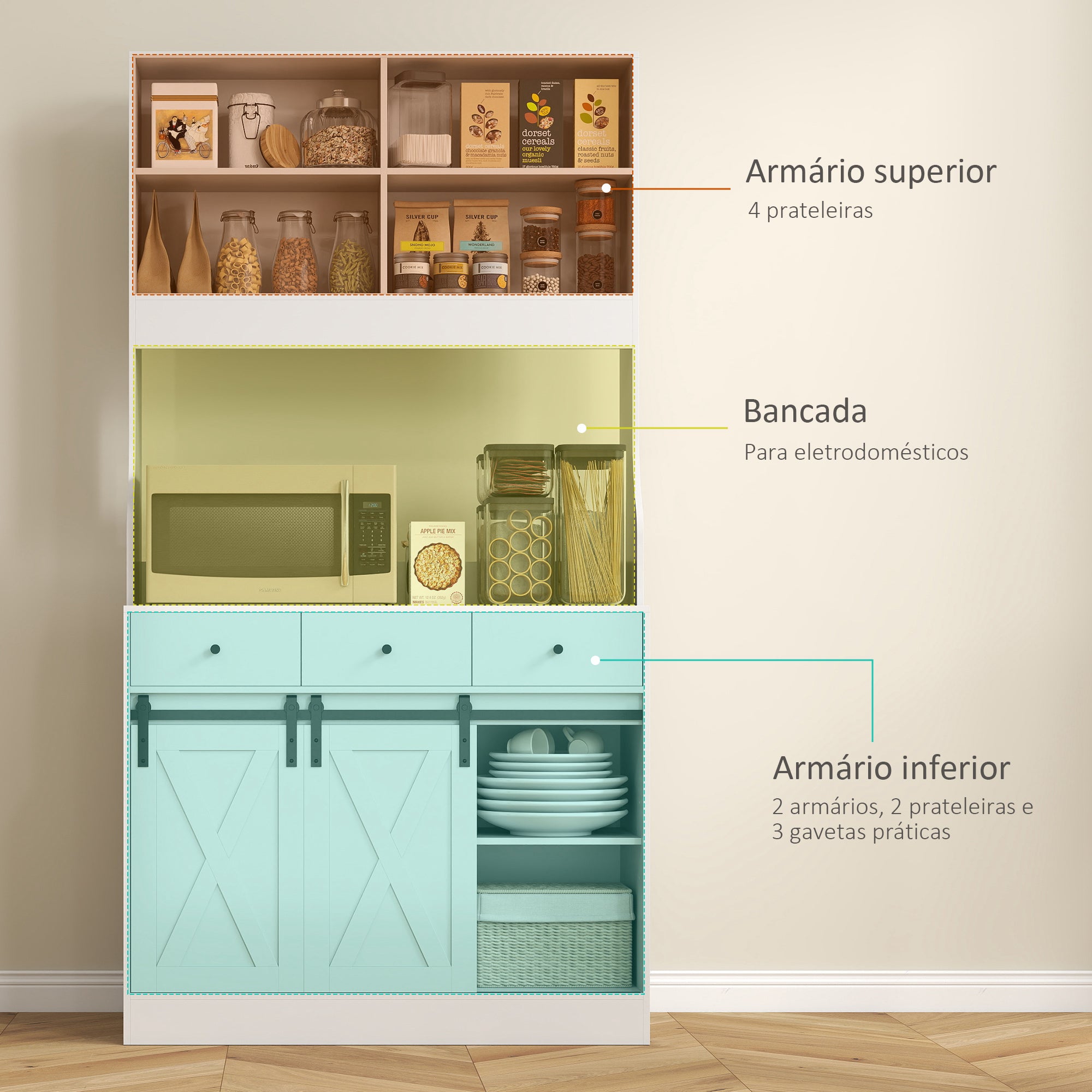 Armário de Cozinha Móvel com 2 Portas Corrediças 3 Gavetas 93,5x40x180 cm - Branco