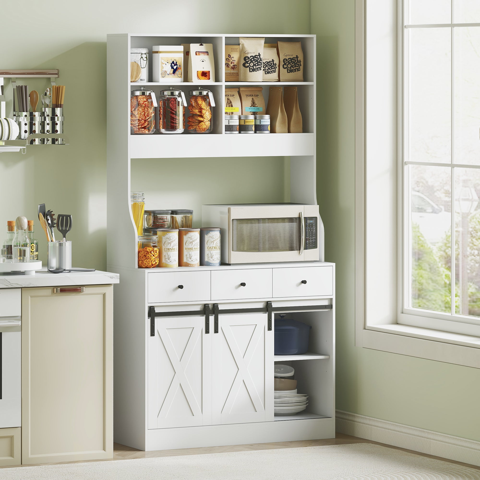 Armário de Cozinha Móvel com 2 Portas Corrediças 3 Gavetas 93,5x40x180 cm - Branco