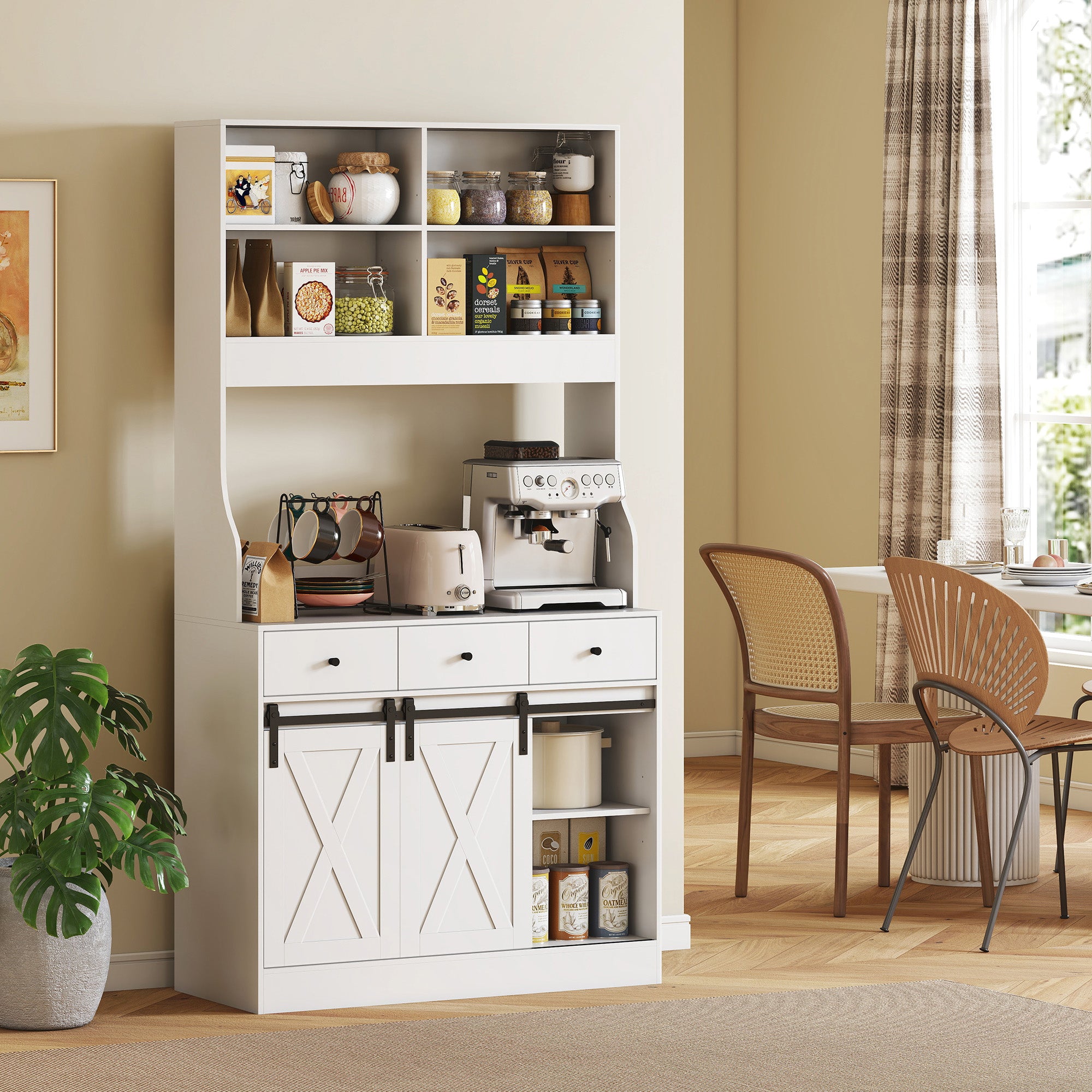 Armário Alto de Cozinha Móvel com 2 Portas Corrediças 3 Gavetas 93,5x40x180 cm - Branco
