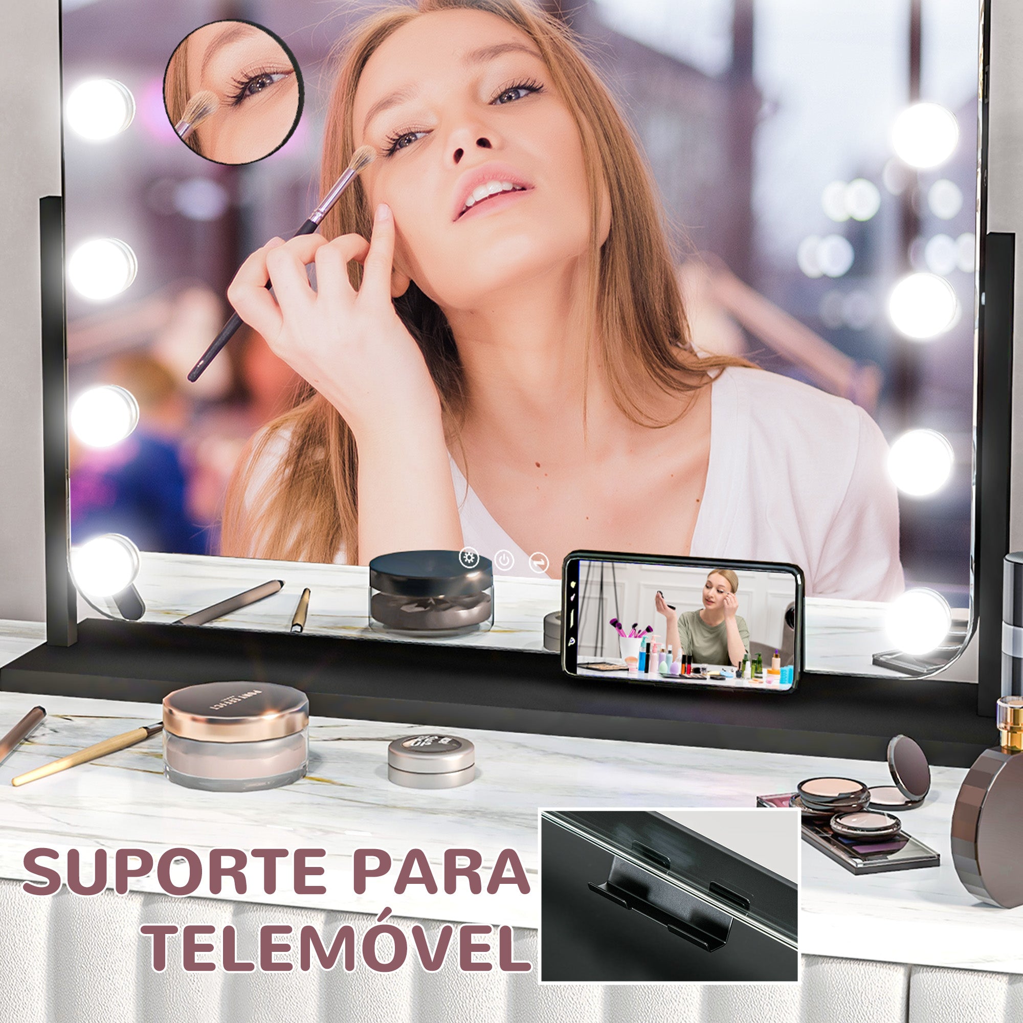 Espelho de Maquilhagem Estilo Hollywood 58x46 cm Preto