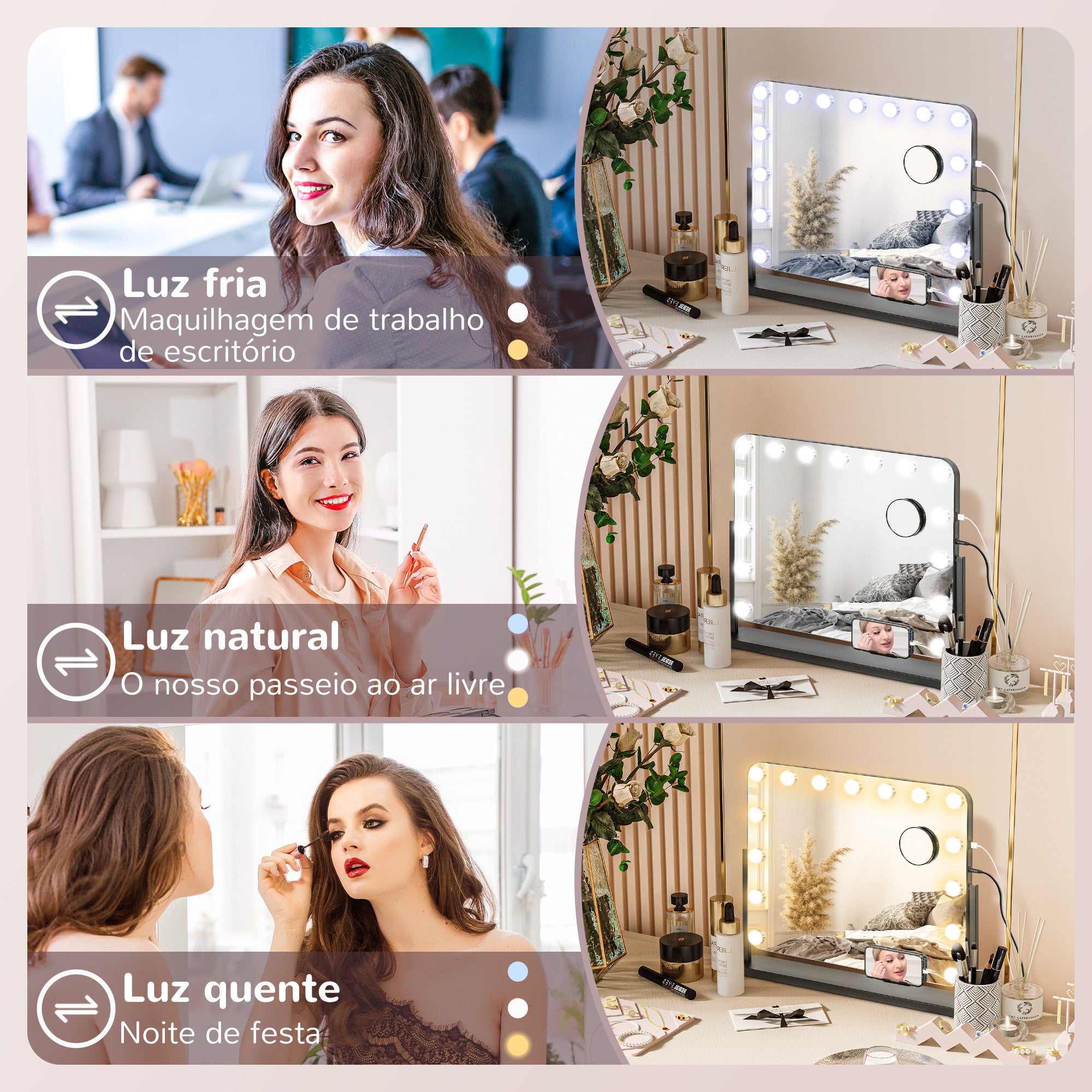 Espelho de Maquilhagem Estilo Hollywood 58x46 cm Preto