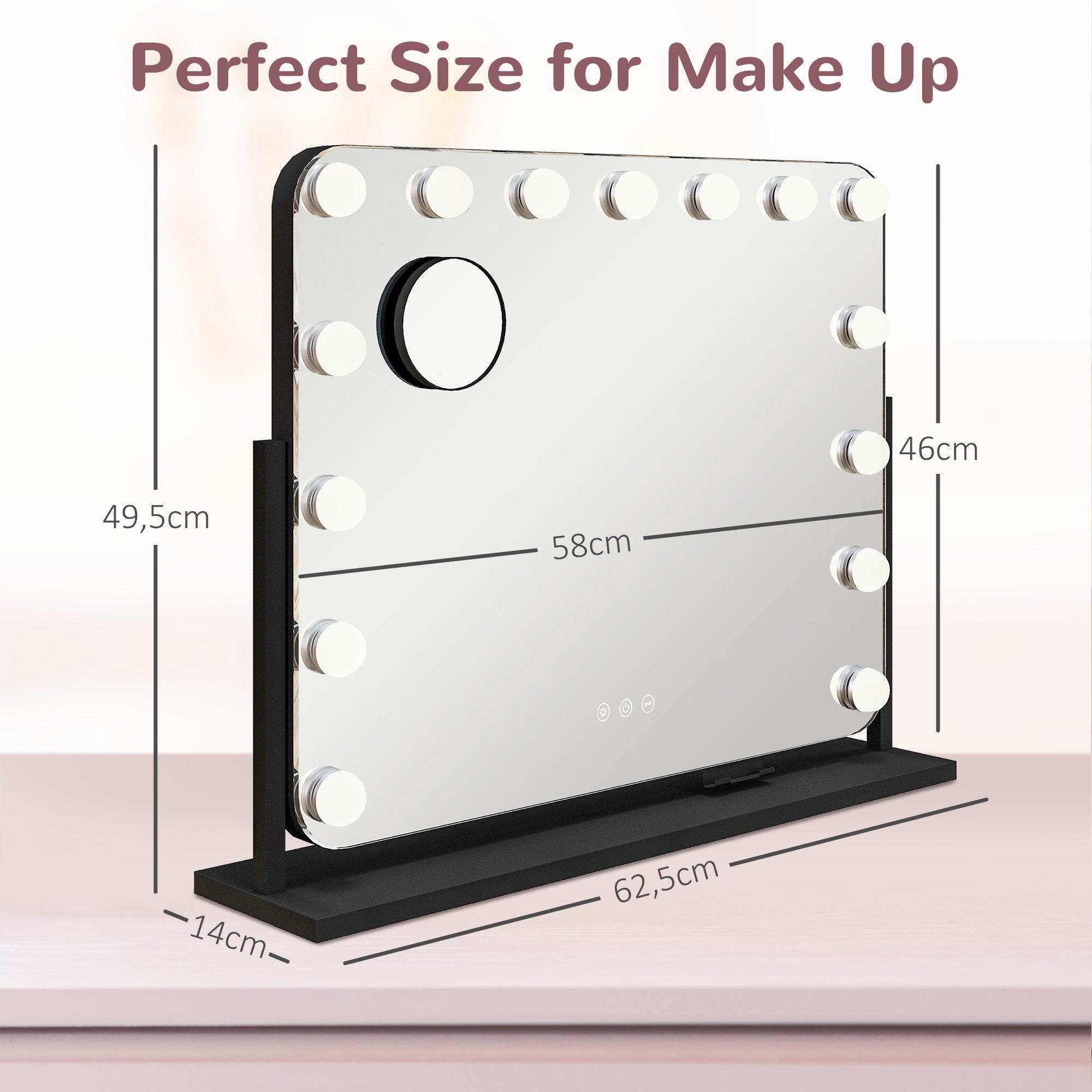 Espelho de Maquilhagem Estilo Hollywood 58x46 cm Preto