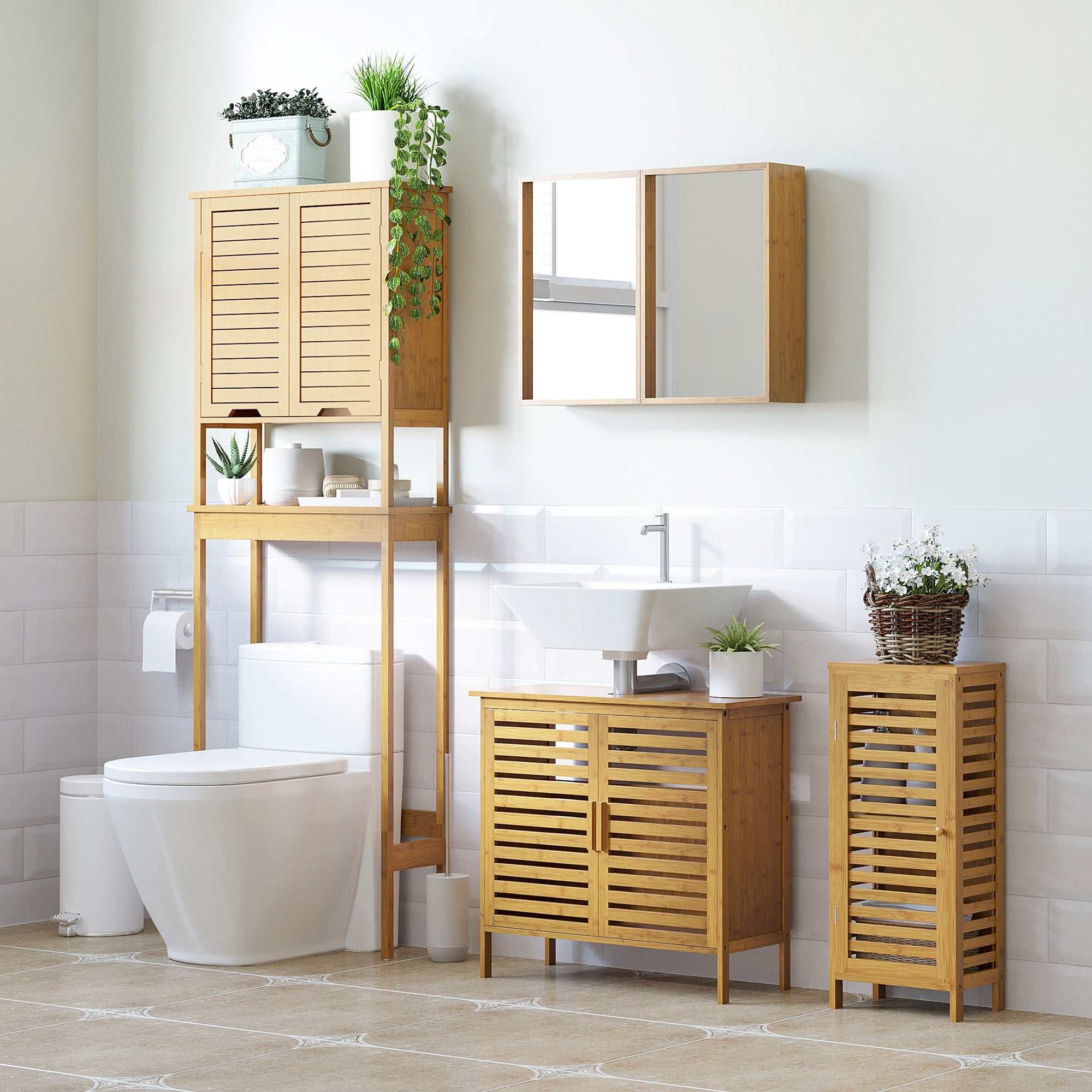Armário Auxiliar Casa de Banho de Bambu 30x19,9x70 cm Cor de Madeira Natural