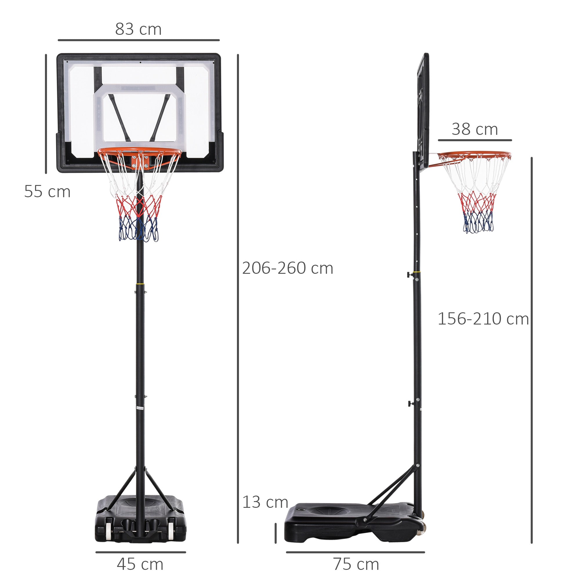 Tabela de Basquetebol com Altura Ajustável 206-260 cm Cor Preto
