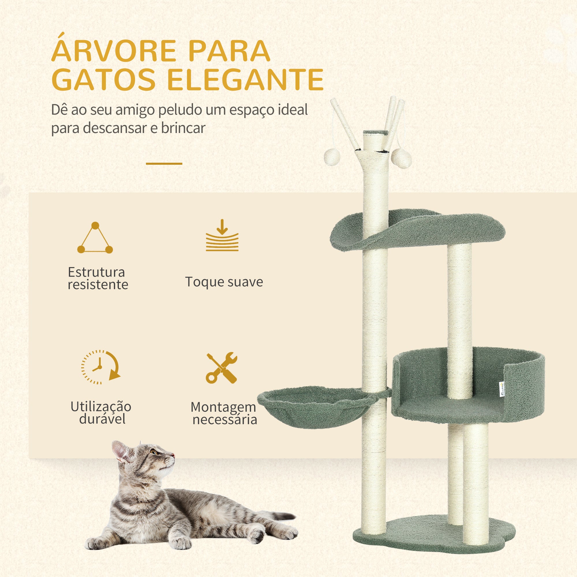 Torre para Gatos Altura 123cm Verde e Creme
