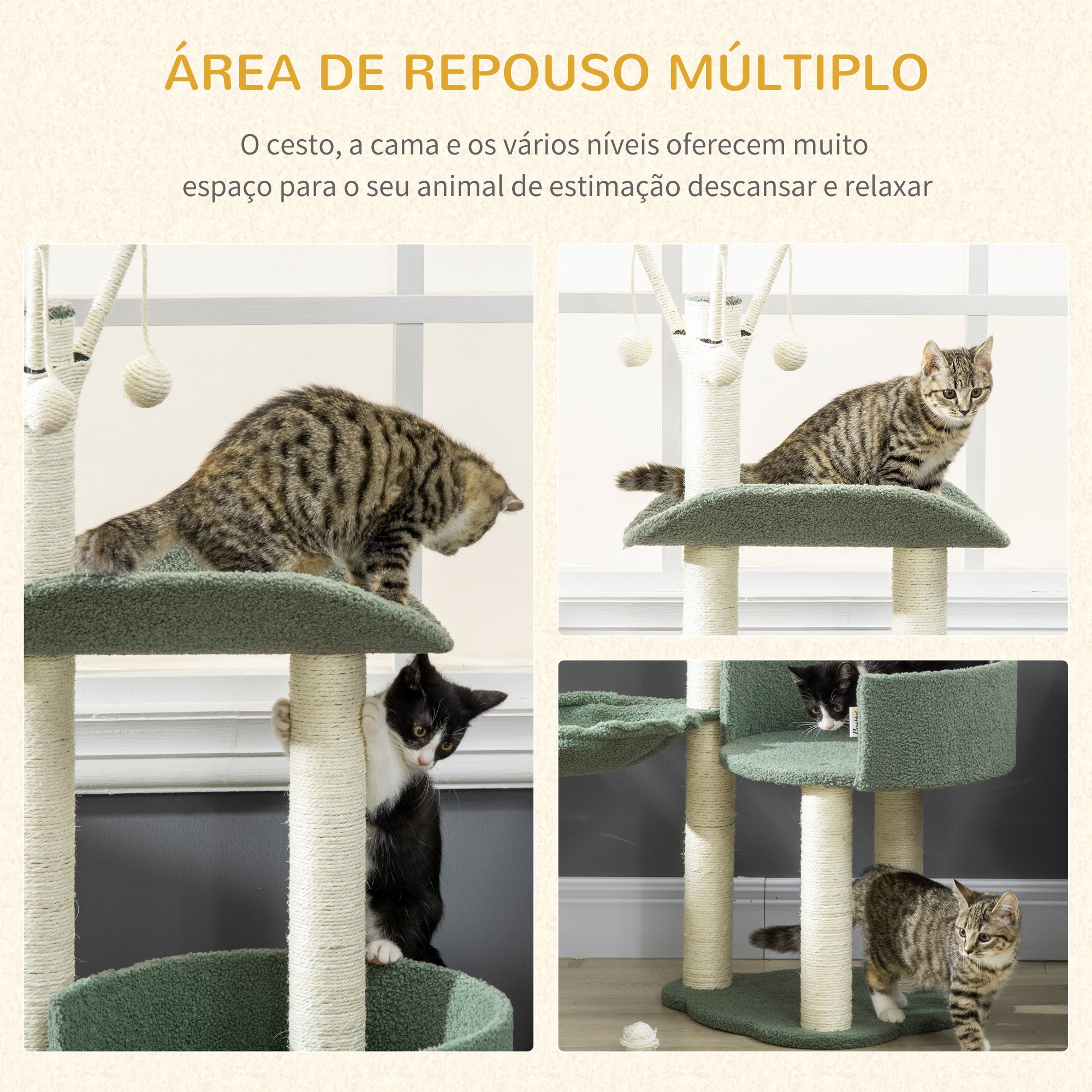 Torre para Gatos Altura 123cm Verde e Creme