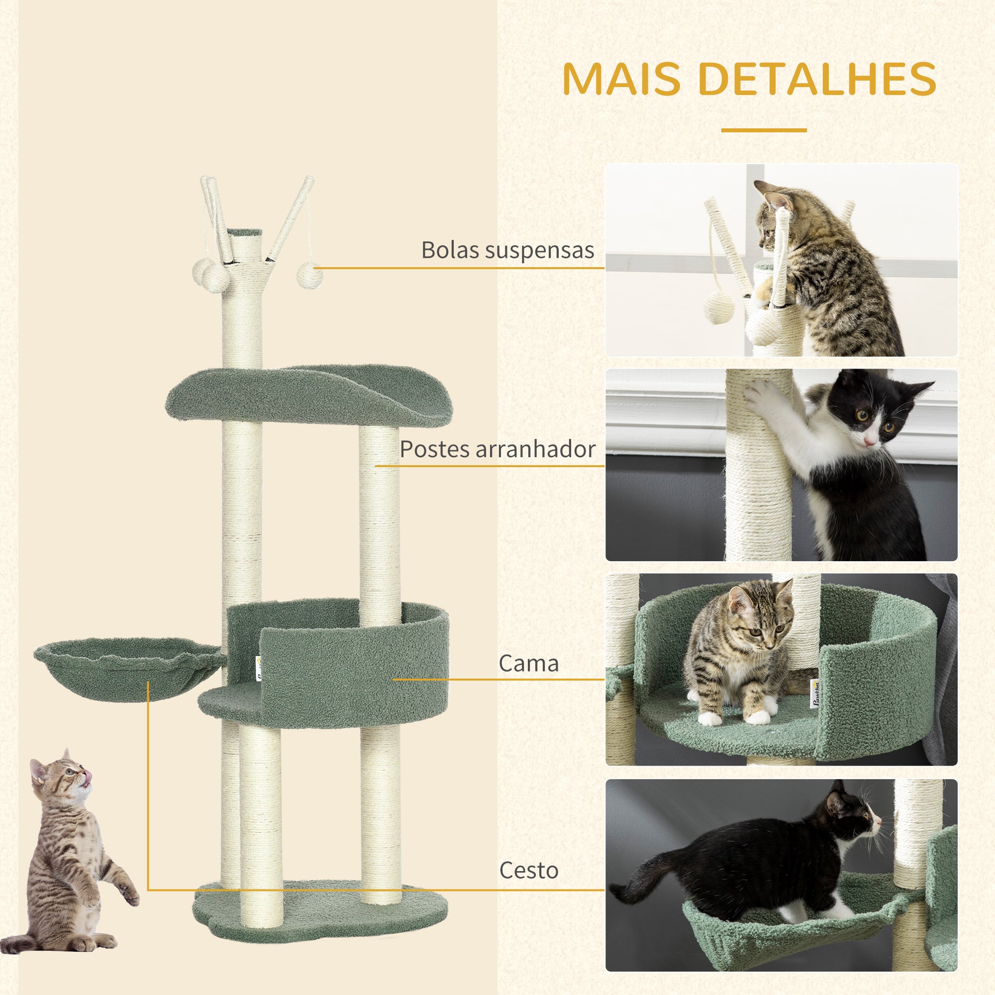 Torre para Gatos Altura 123cm Verde e Creme