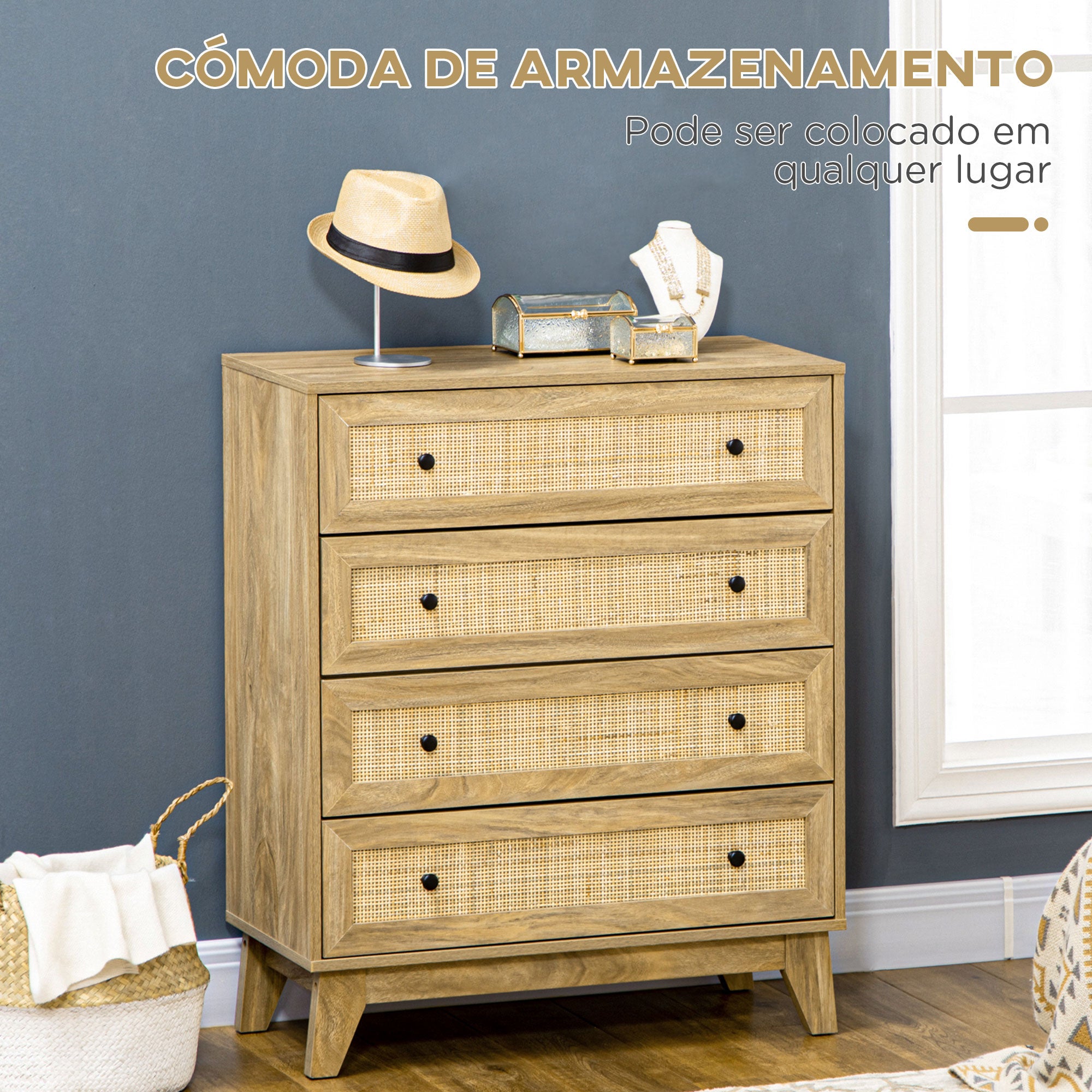 Cómoda de Madeira com Gavetas de Vime 80x35x95cm Cor de Madeira Natural