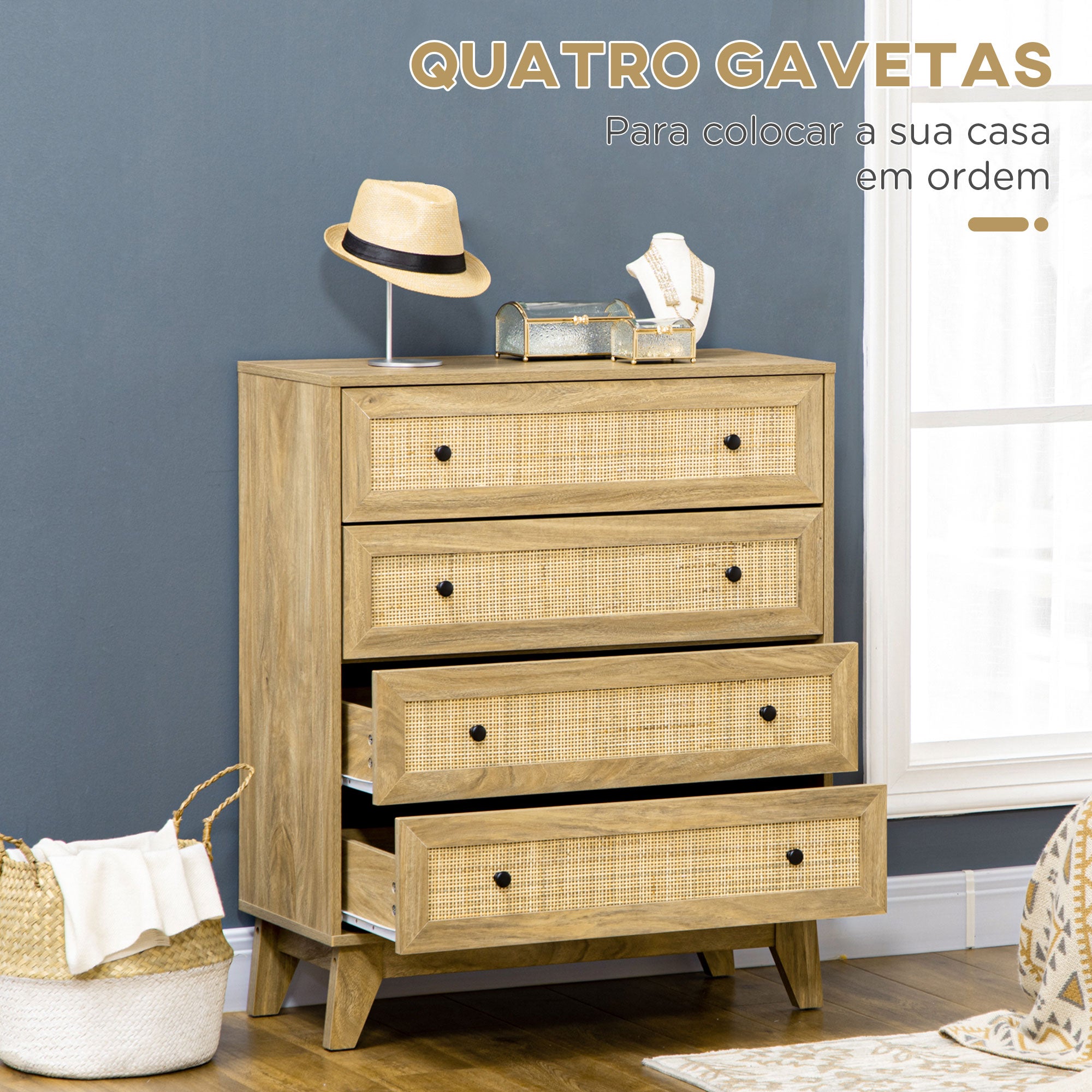 Cómoda de Madeira com Gavetas de Vime 80x35x95cm Cor de Madeira Natural