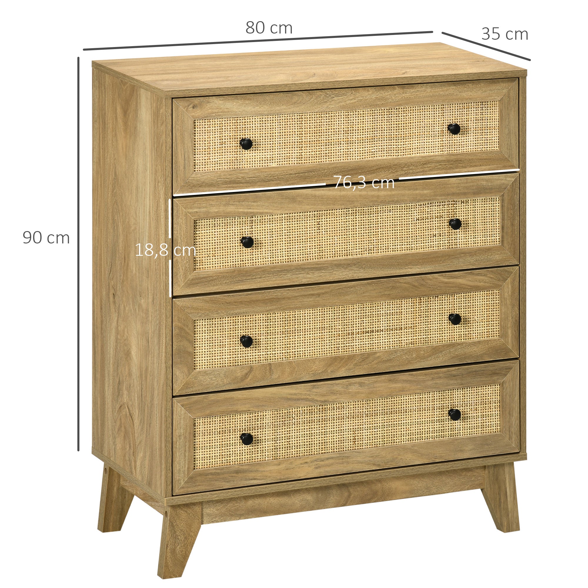 Cómoda de Madeira com Gavetas de Vime 80x35x95cm Cor de Madeira Natural