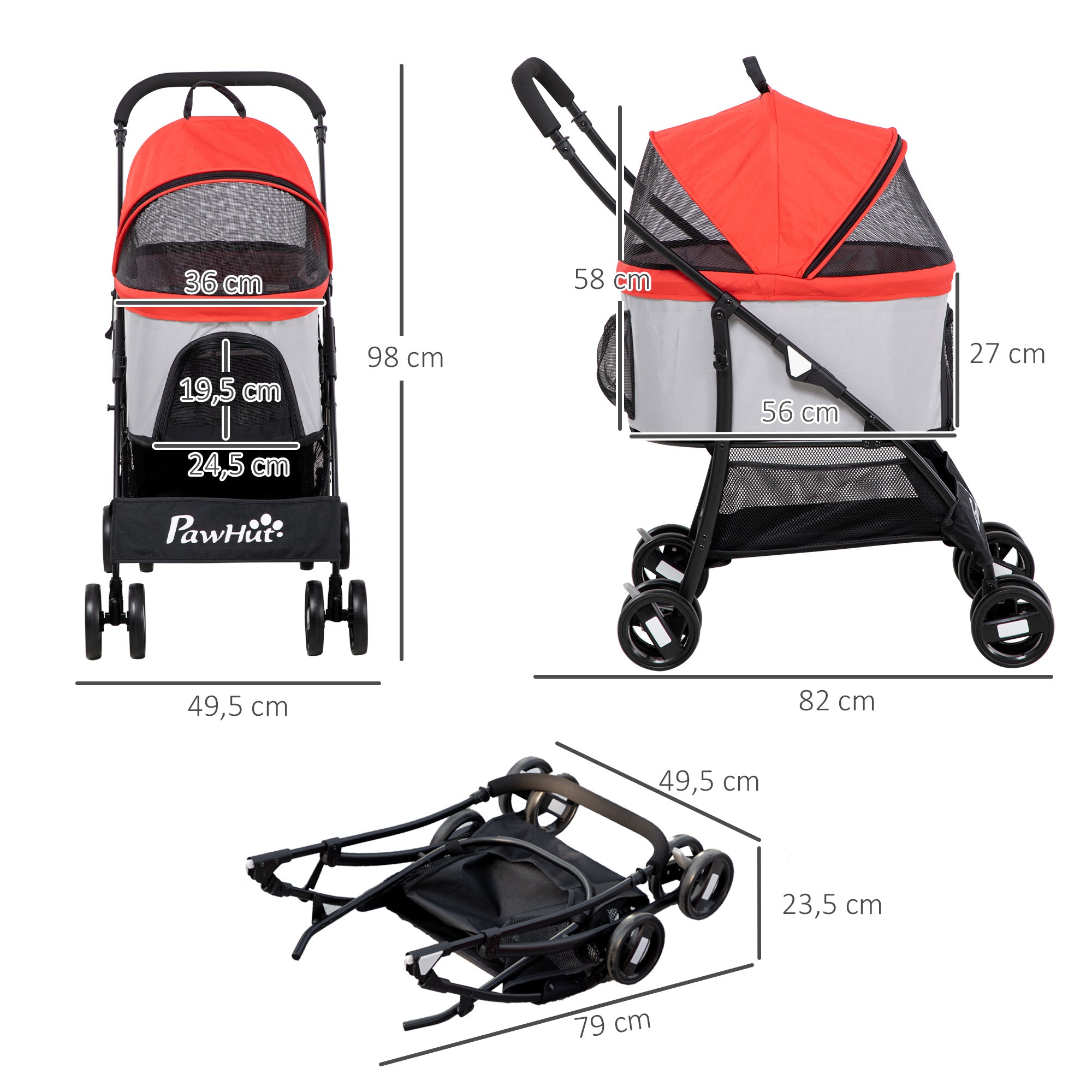 Carrinho para Animais de Estimação 3 em 1 - 82x49,5x98cm - Vermelho - Aço e Tecido Oxford