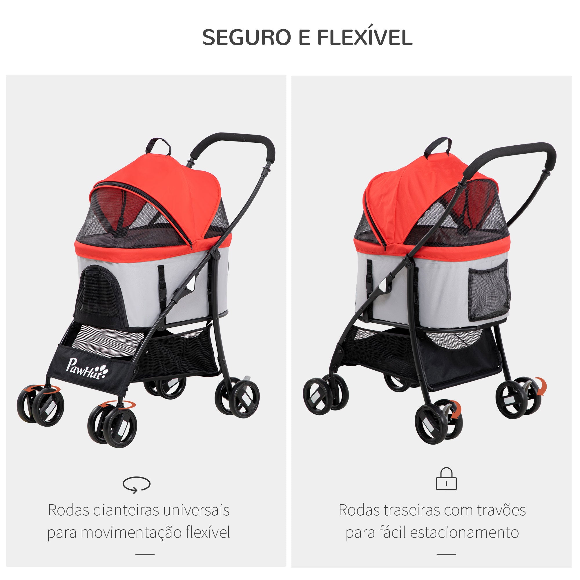 Carrinho para Animais de Estimação 3 em 1 - 82x49,5x98cm - Vermelho - Aço e Tecido Oxford
