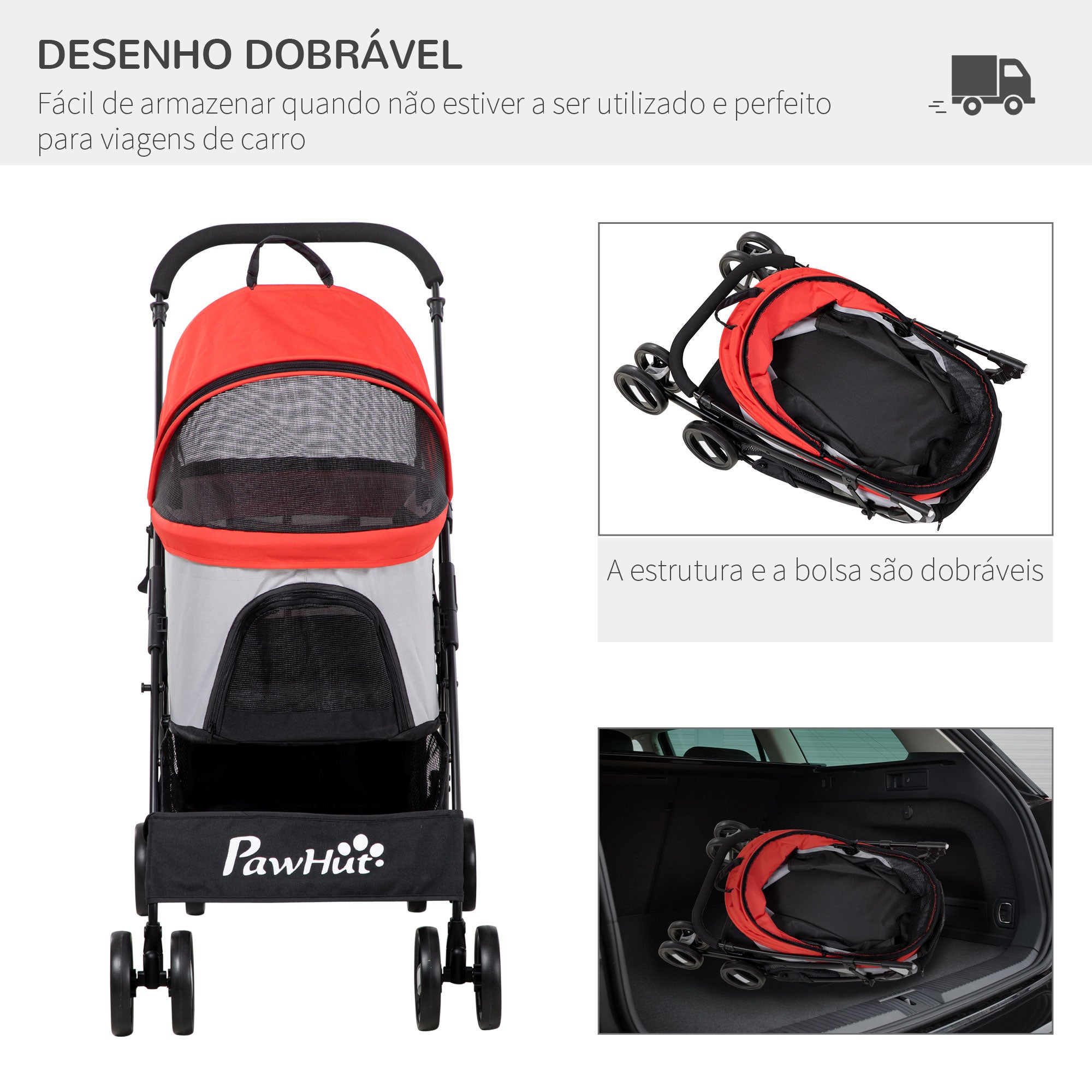 Carrinho para Animais de Estimação 3 em 1 - 82x49,5x98cm - Vermelho - Aço e Tecido Oxford