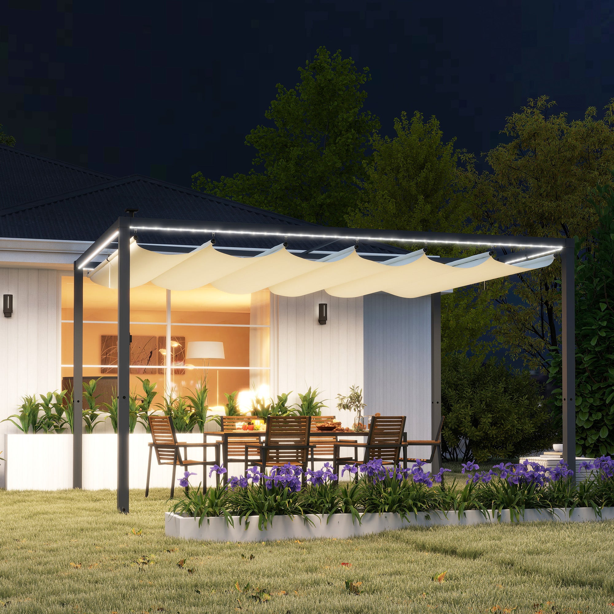 Pérgola de Alumínio 4x3 m com Luzes LED Solares - Cor Creme Branco