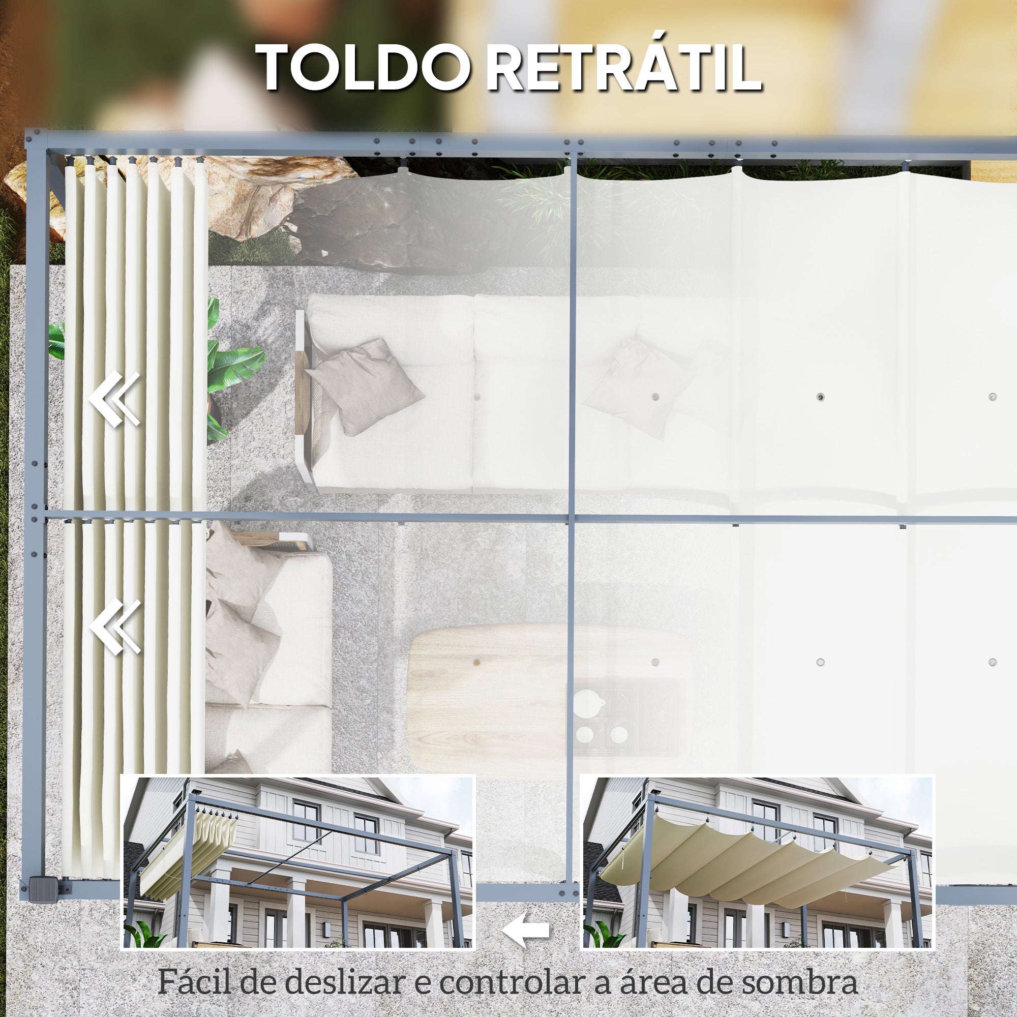 Pérgola de Alumínio 4x3 m com Luzes LED Solares - Cor Creme Branco