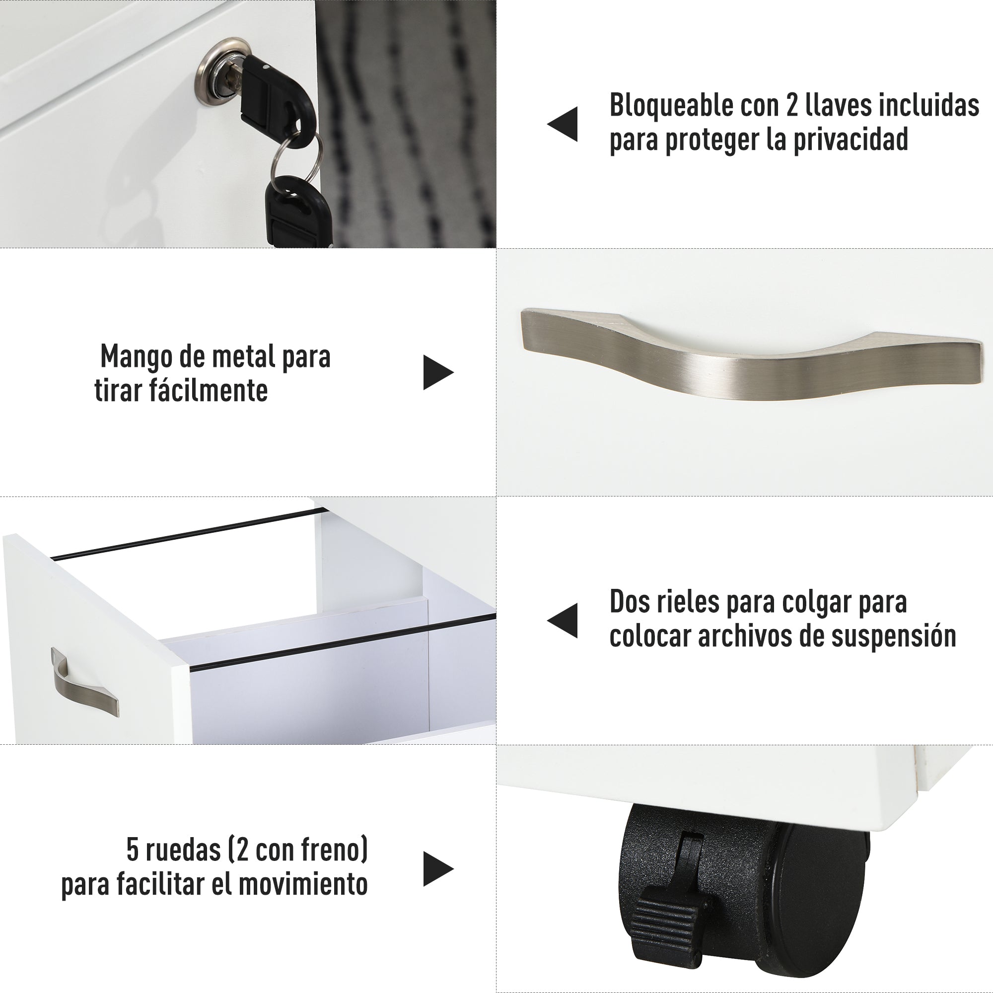 Bloco de Gavetas para Escritório Móvel de Arquivos - 40x45.5x52.5 cm - Branco