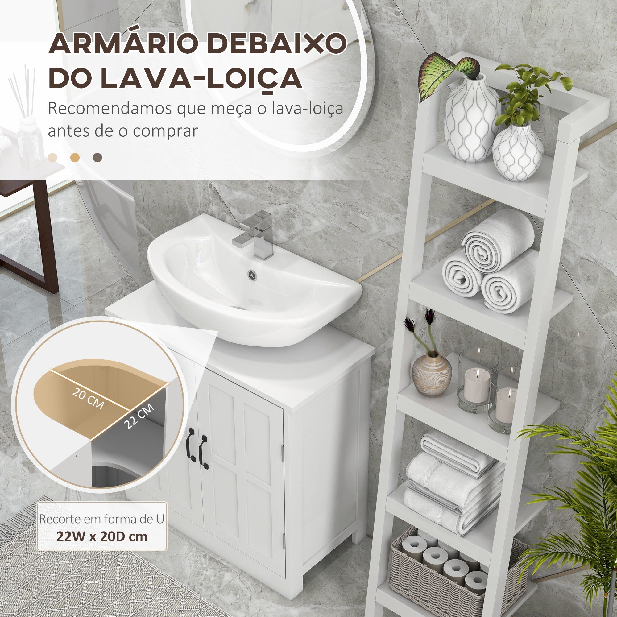 Móvel para Lavatório Branco 60x30x60 cm com 2 Portas e Prateleira Ajustável
