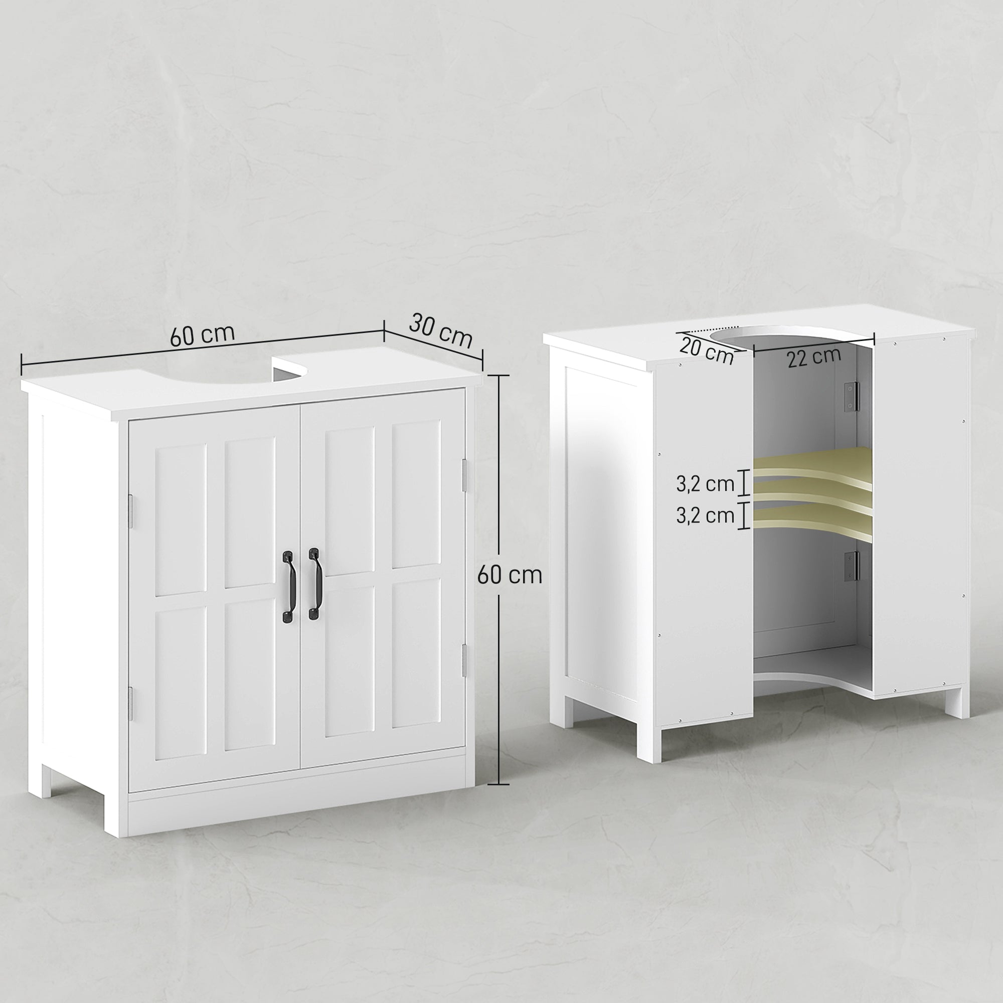 Móvel para Lavatório Branco 60x30x60 cm com 2 Portas e Prateleira Ajustável