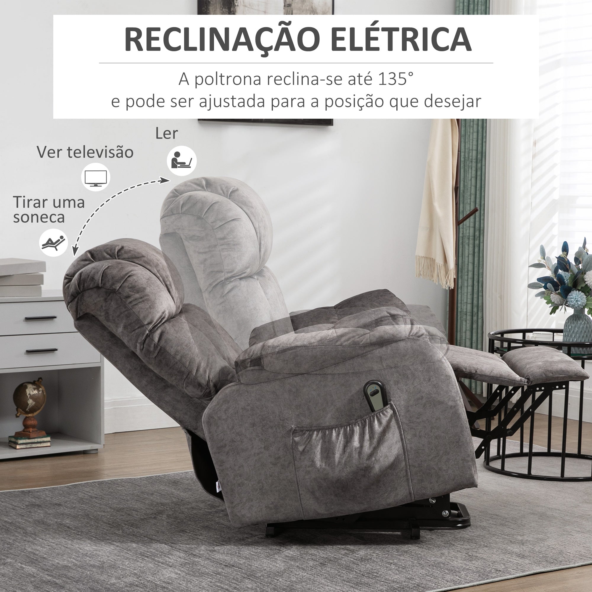 Poltrona Reclinável com Elevador Elétrico em Veludo Cinzento 83x91x100 cm