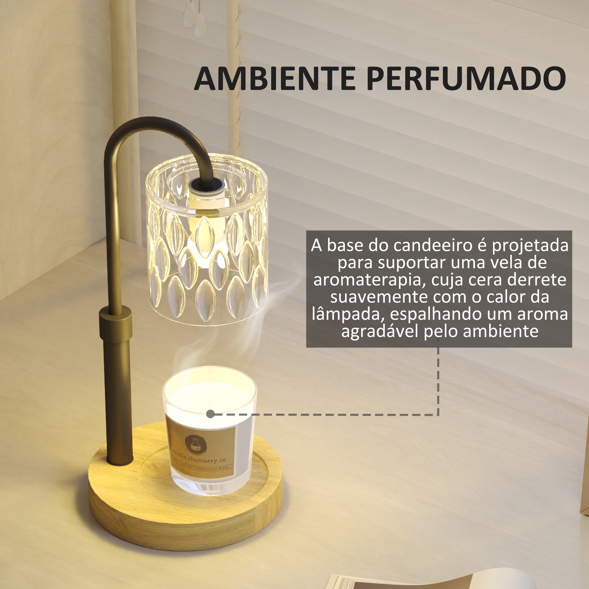 Candeeiro de Mesa Aquecedor de Vela Ø15x32,5 cm - Madeira, Preto e Transparente