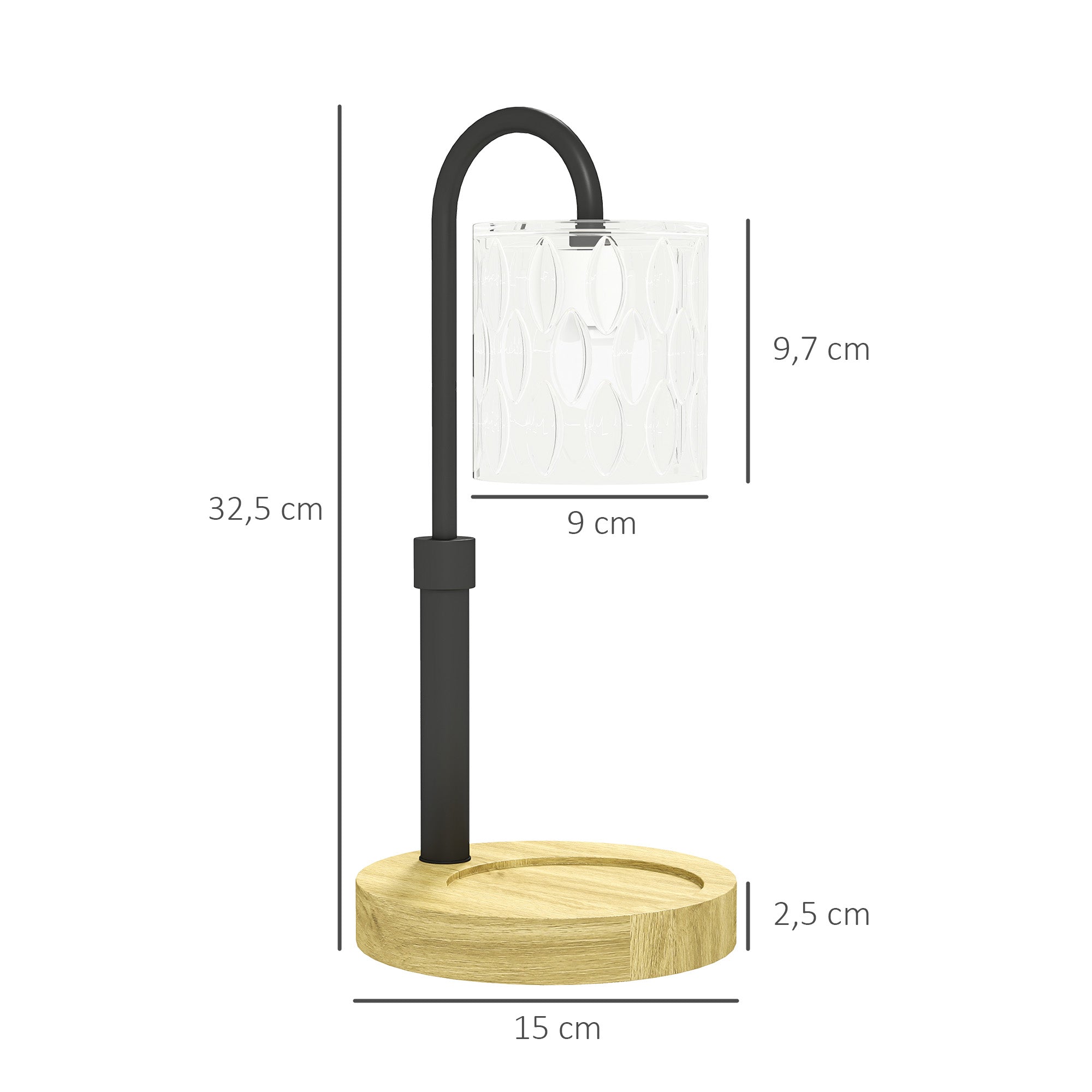 Candeeiro de Mesa Aquecedor de Vela Ø15x32,5 cm - Madeira, Preto e Transparente