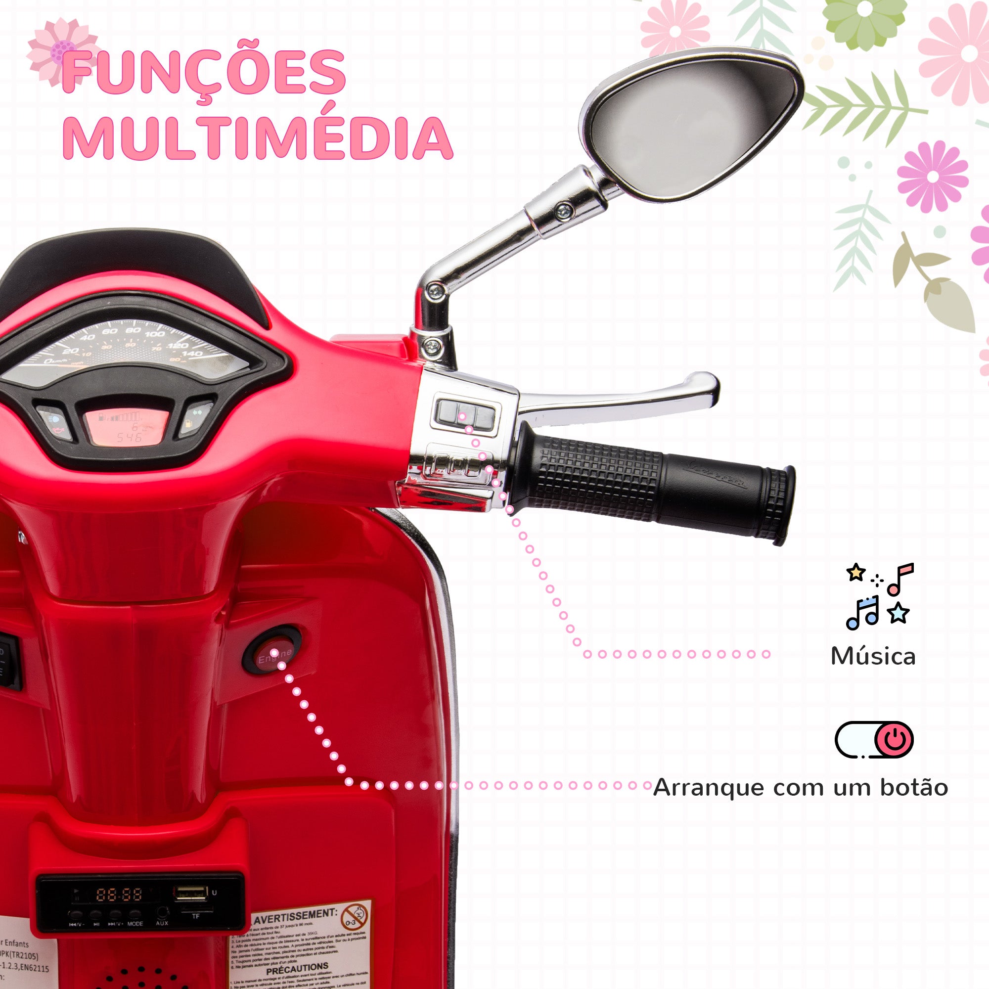 Moto Elétrica para Crianças 3-6 Anos - Vermelho 107x47x73 cm
