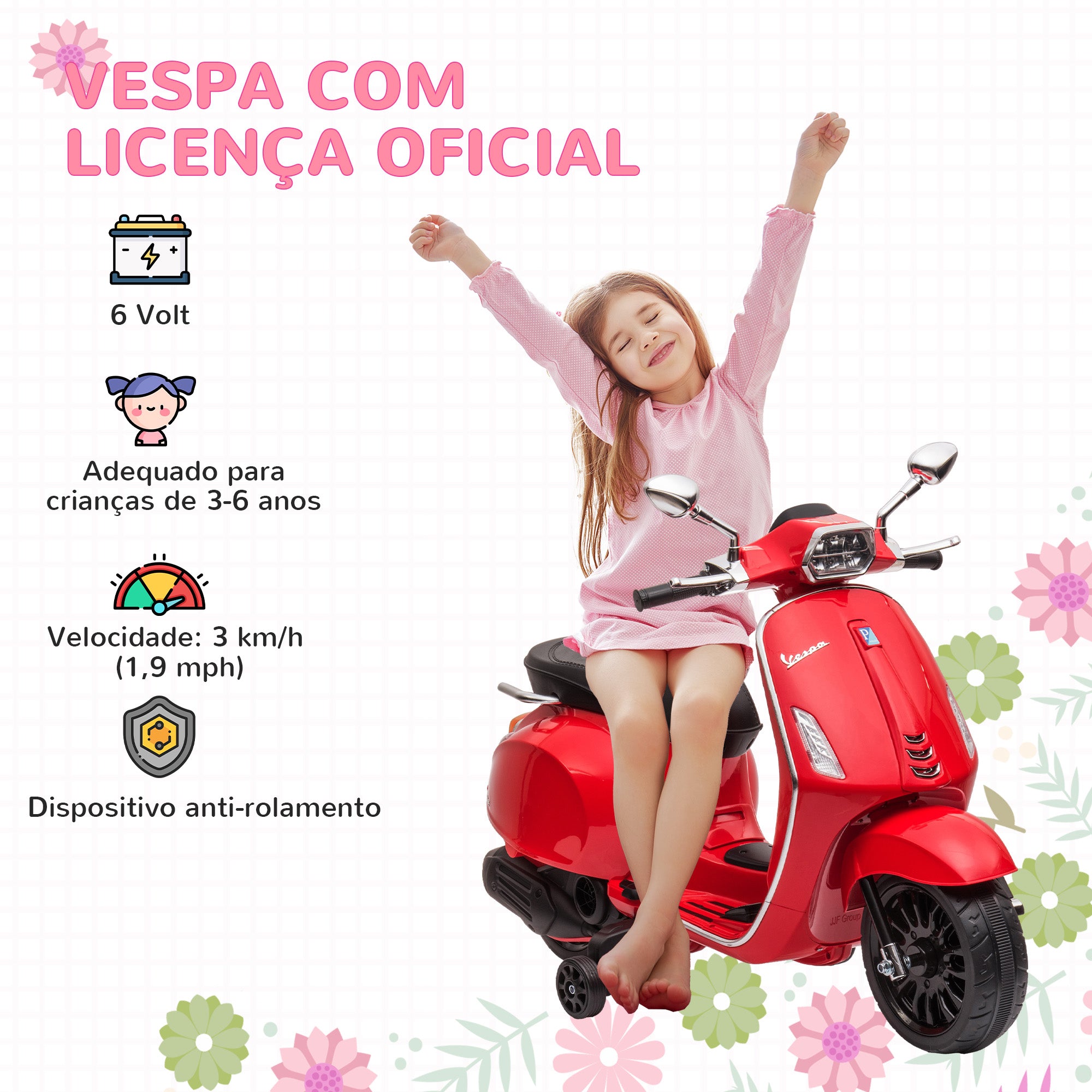 Moto Elétrica para Crianças 3-6 Anos - Vermelho 107x47x73 cm