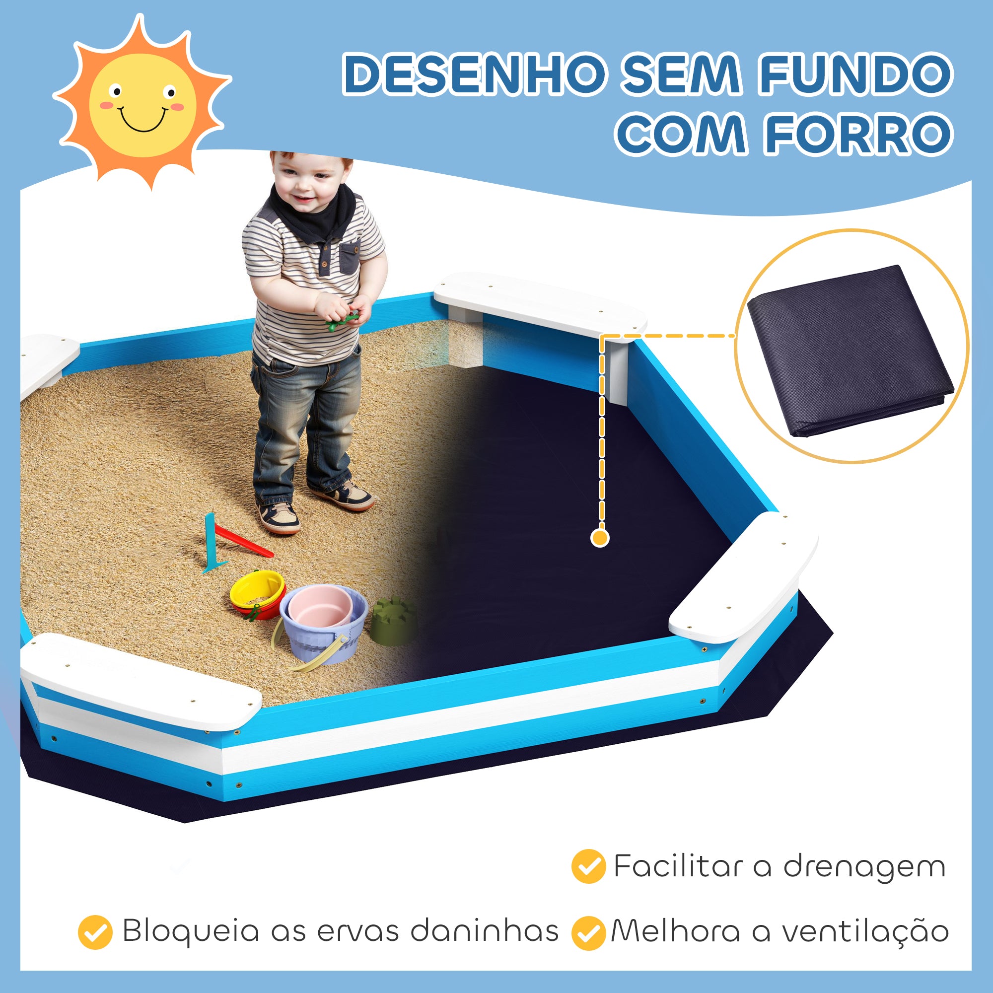 Caixa de Areia Infantil Quadrada Azul 133x133x16 cm