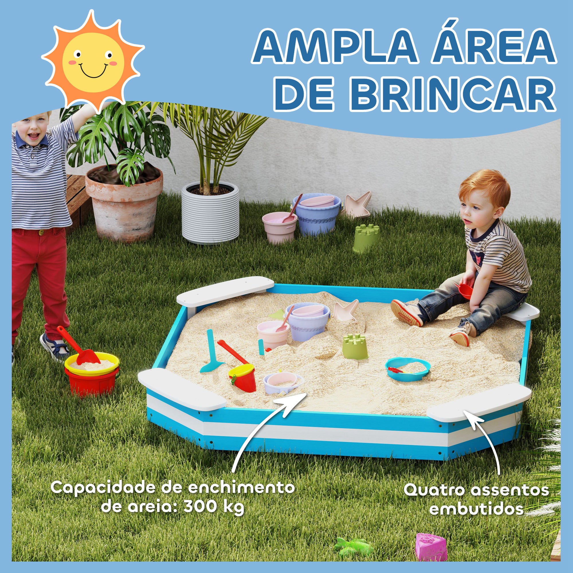 Caixa de Areia Infantil Quadrada Azul 133x133x16 cm