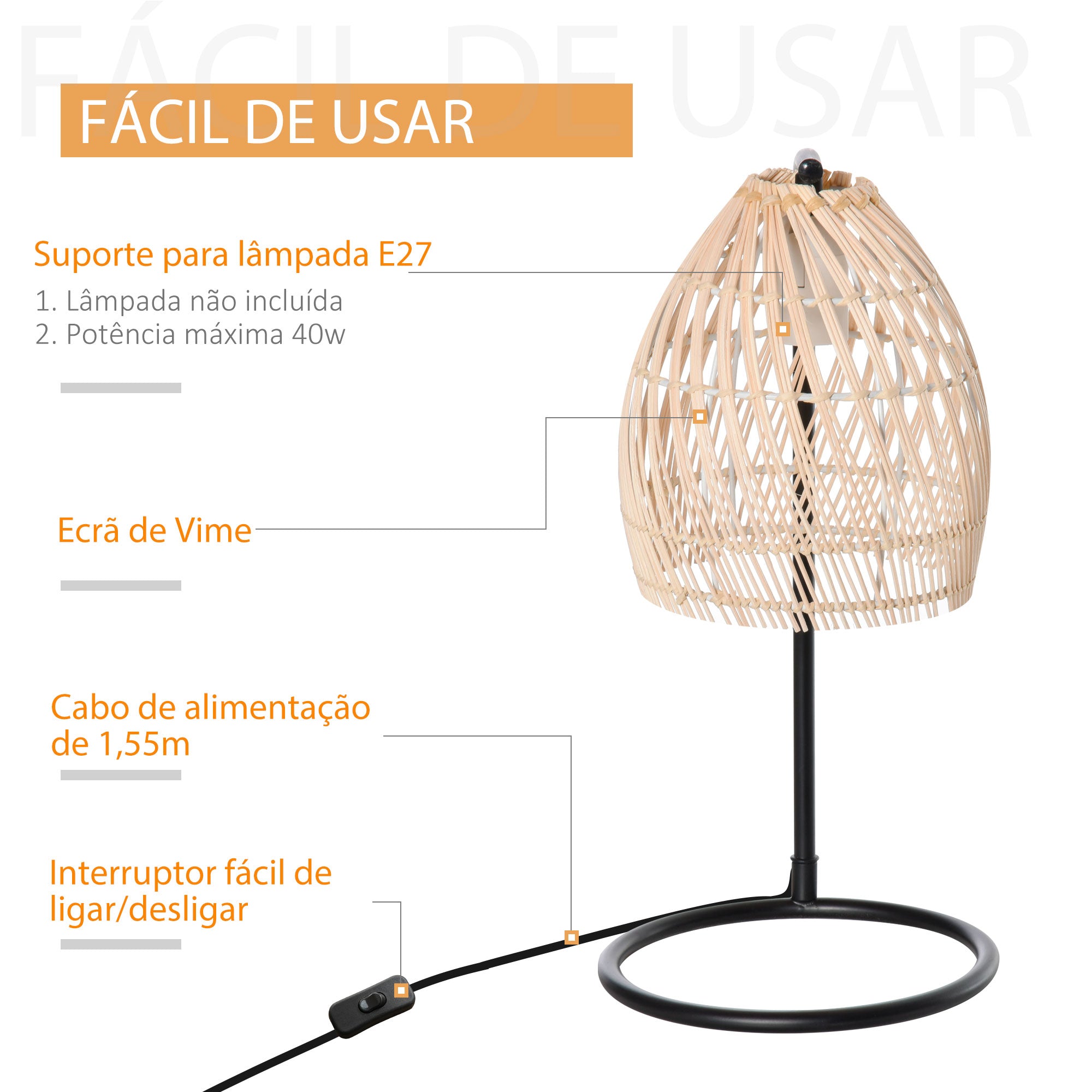 Candeeiro de Mesa Ø20x41 cm Bege - Estilo Cânage