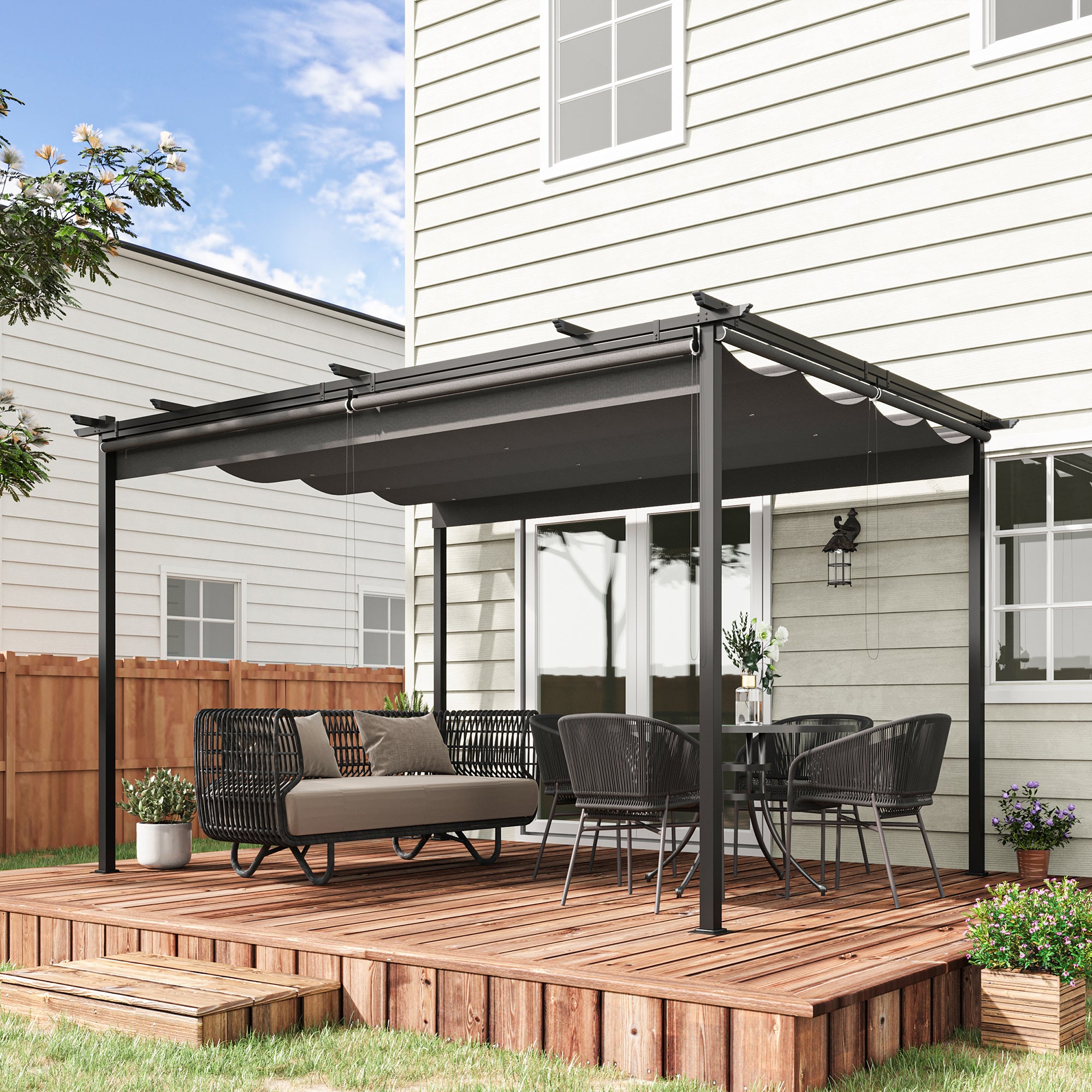 Pérgola de Jardim 3,95x2,95 cm Cinza Escuro Teto Retrátil 4 Cortinas