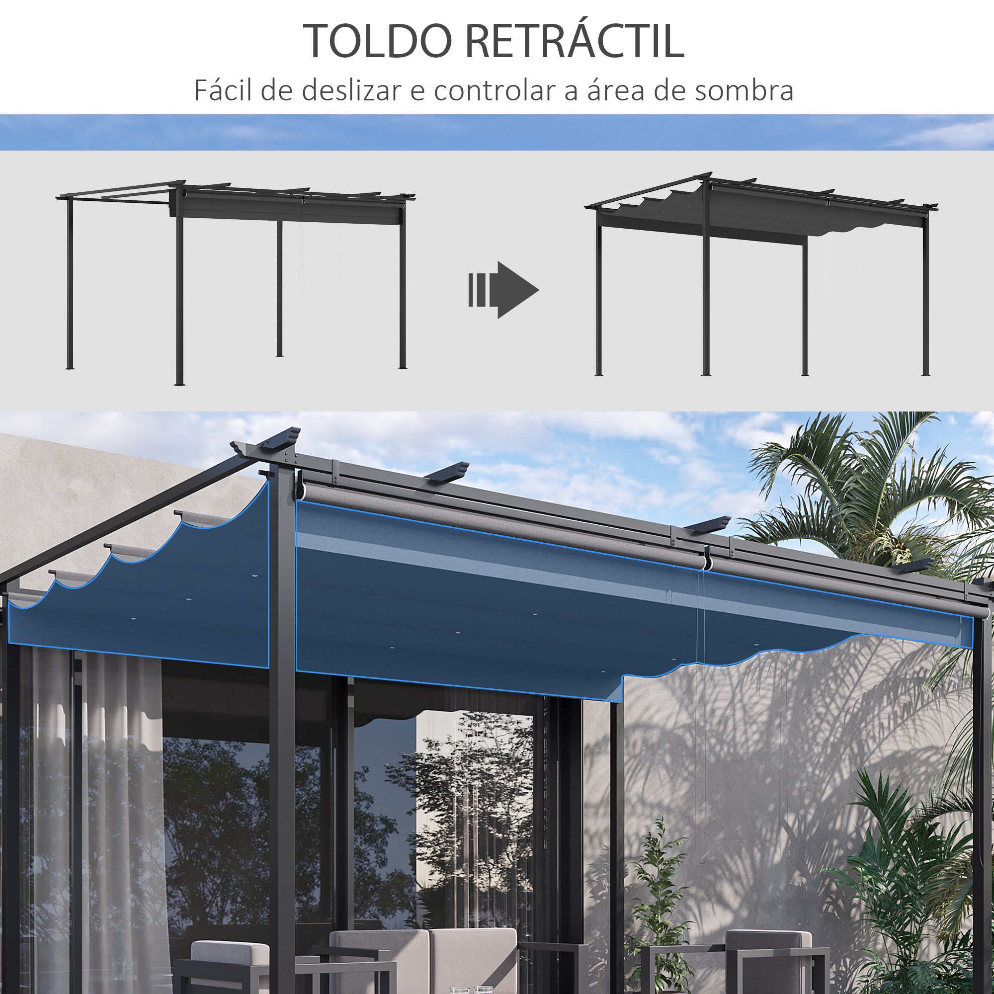 Pérgola de Jardim 3,95x2,95 cm Cinza Escuro Teto Retrátil 4 Cortinas