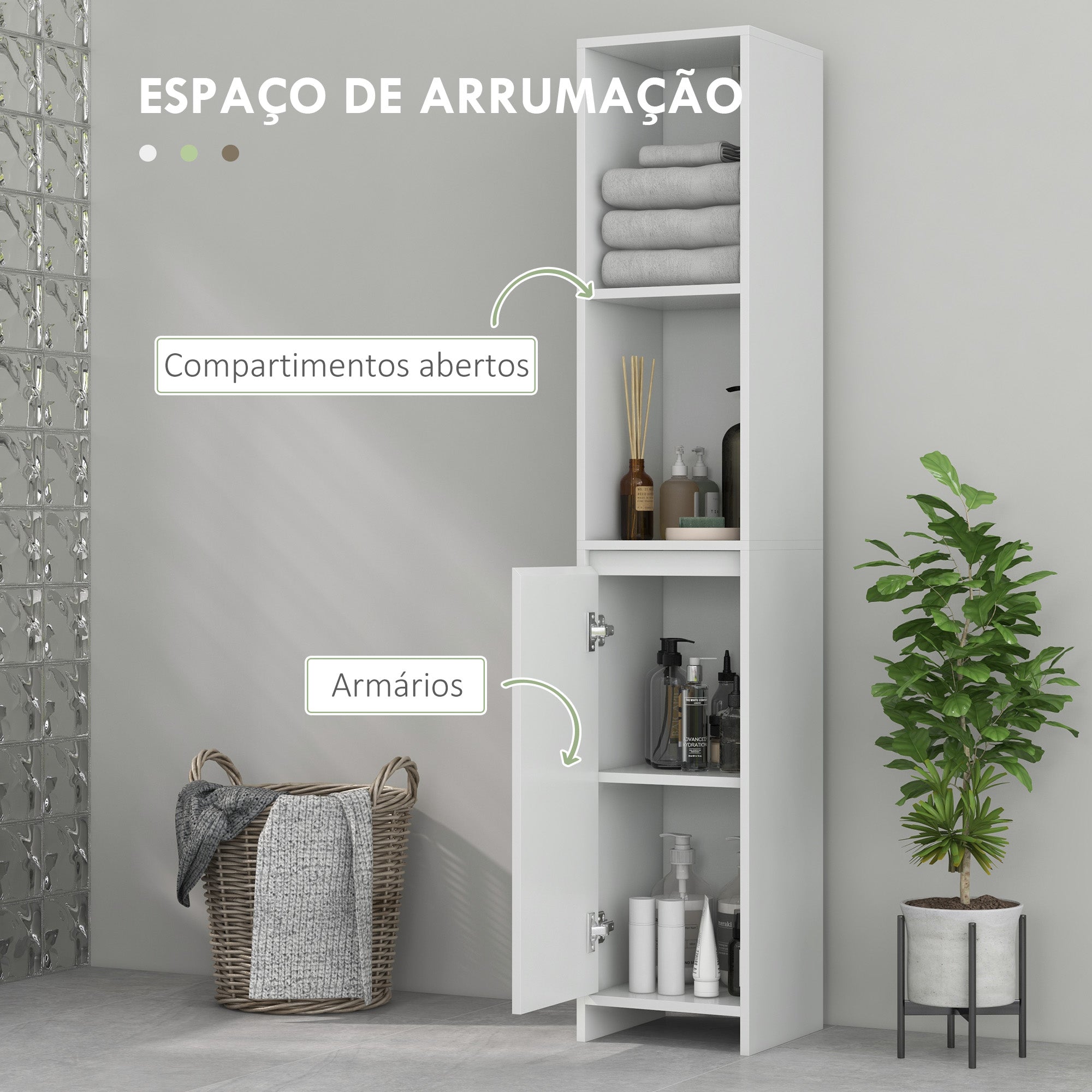 Coluna Casa de Banho Estreita Branca 30x30x160 cm - Armário Alto com Porta e Prateleira