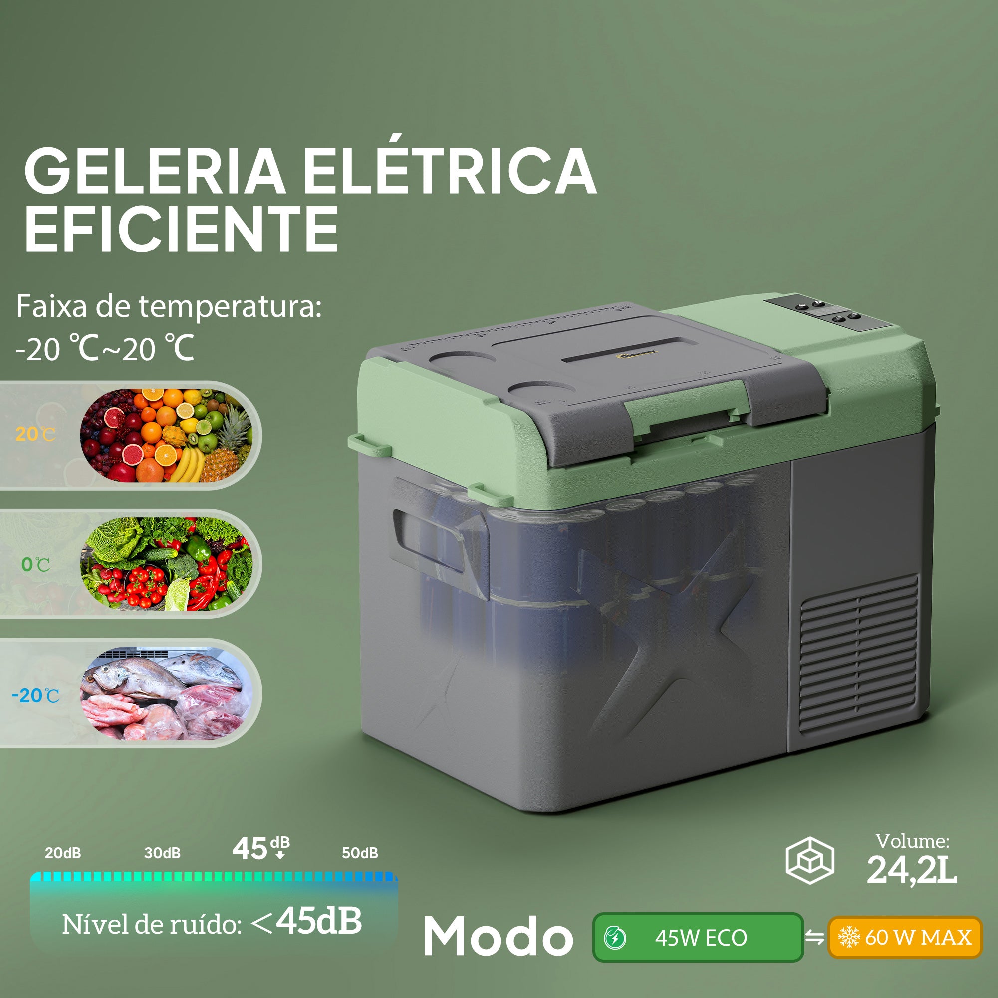 Geleira Portátil Elétrica 24,2L Cinza e Verde - 60,2x33,4x41,4 cm