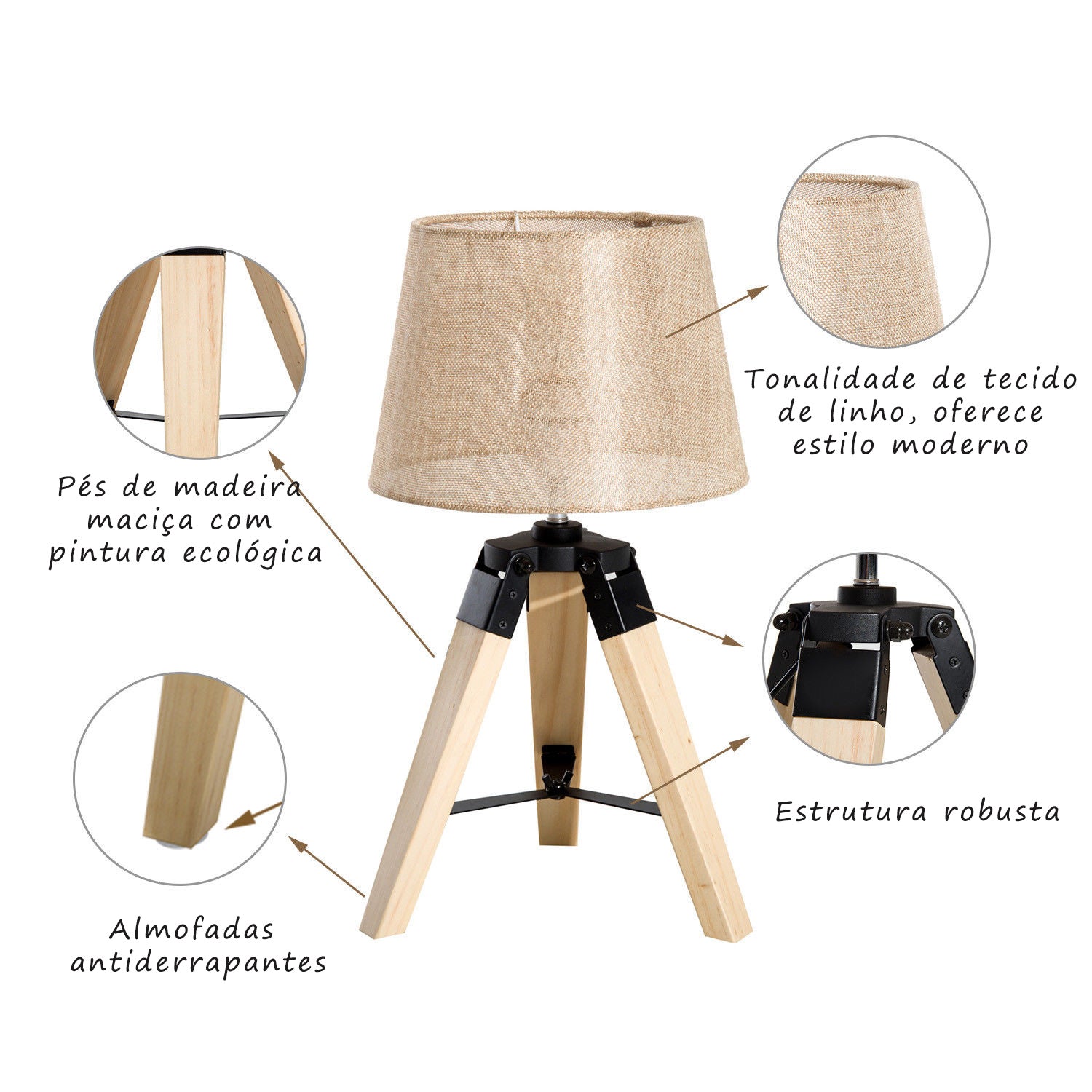 Candeeiro de Mesa 24x24x45cm - Cor Creme e Madeira
