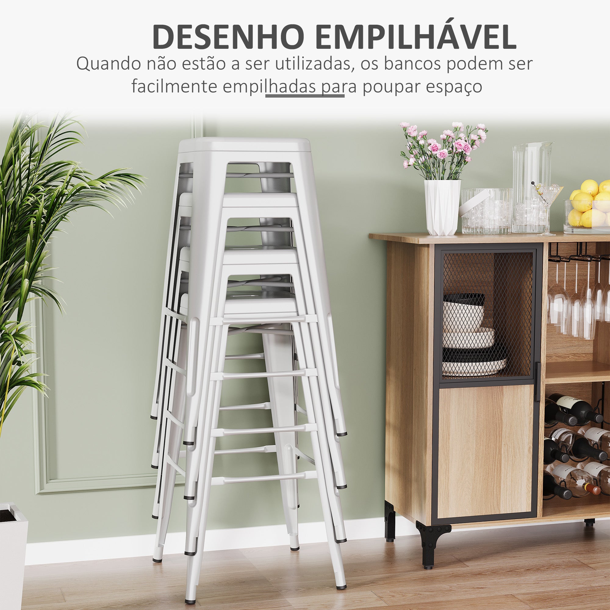 Conjunto de 4 Bancos Altos de Metal Cinzento 44x49x116 cm