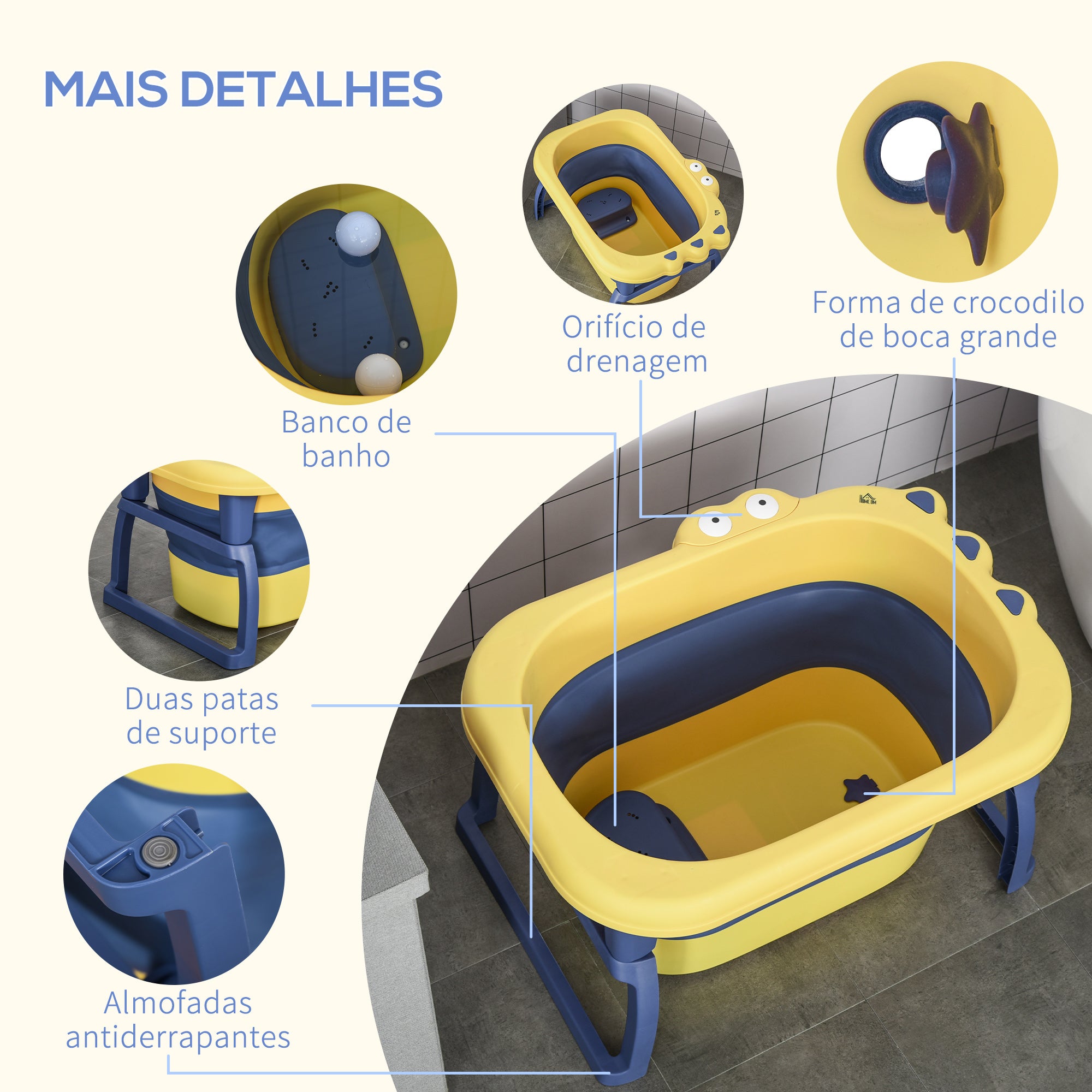 Banheira Dobrável para Bebé – 75,3x55,4x43cm – Azul e Amarelo – Polipropileno e TPE