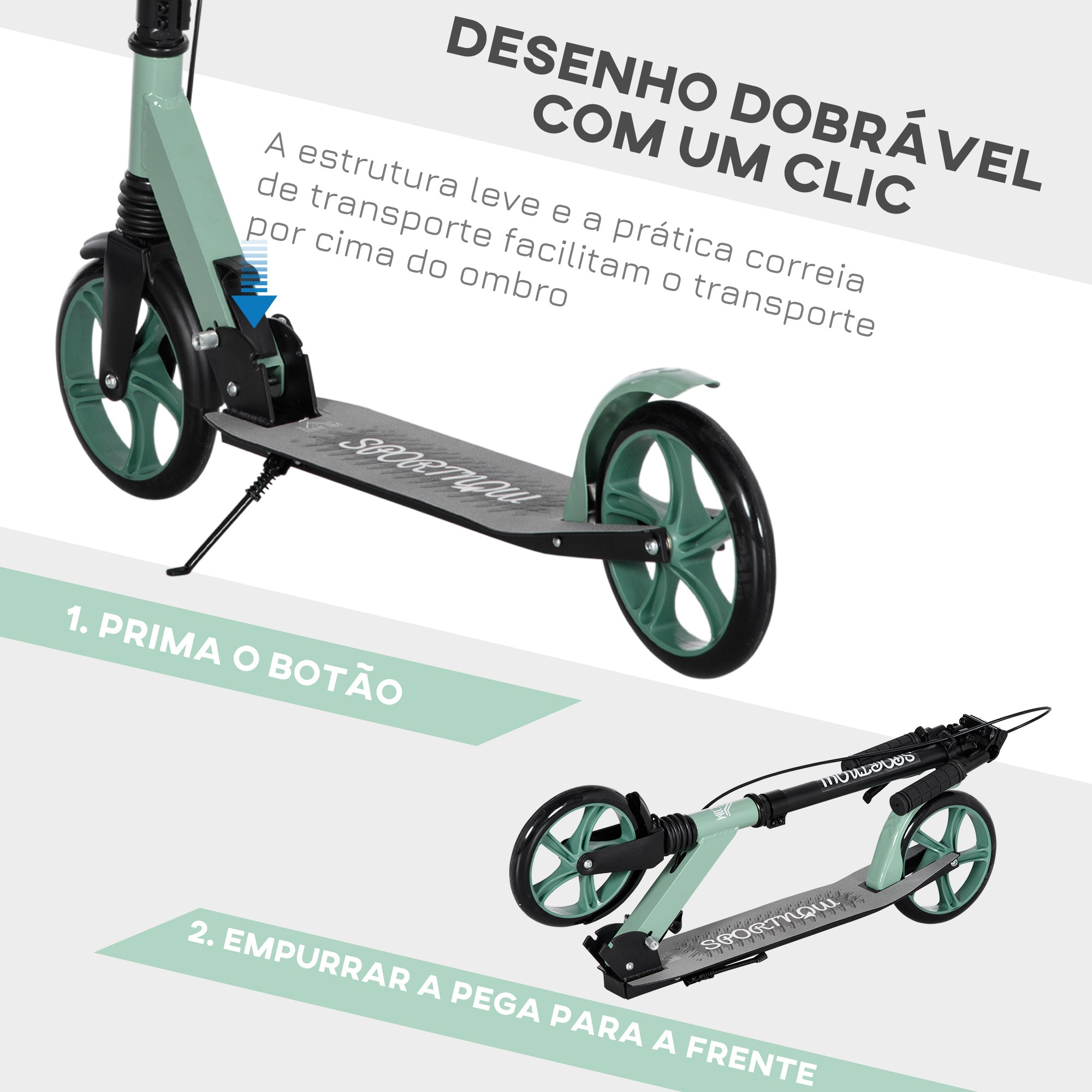 Trotinete Dobrável para Adultos e Crianças - 91.5x36.5x104cm - Preto e Verde