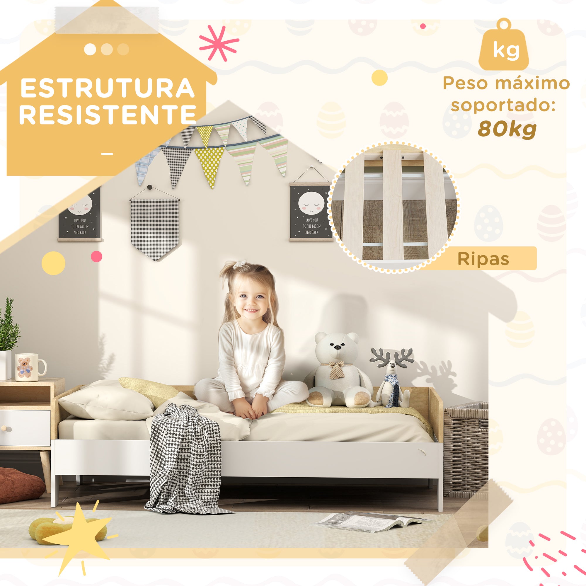 Cama para Crianças Branca e de Madeira 143,5x74x40 cm