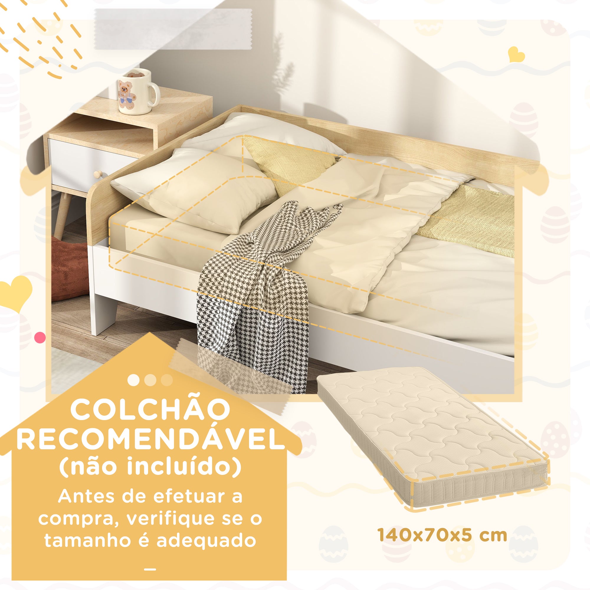 Cama para Crianças Branca e de Madeira 143,5x74x40 cm