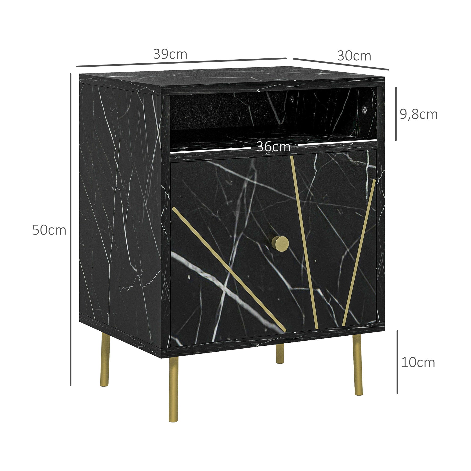 Mesinha de Cabeceira Moderna com Efeito Mármore 39x30x50 cm - Preto