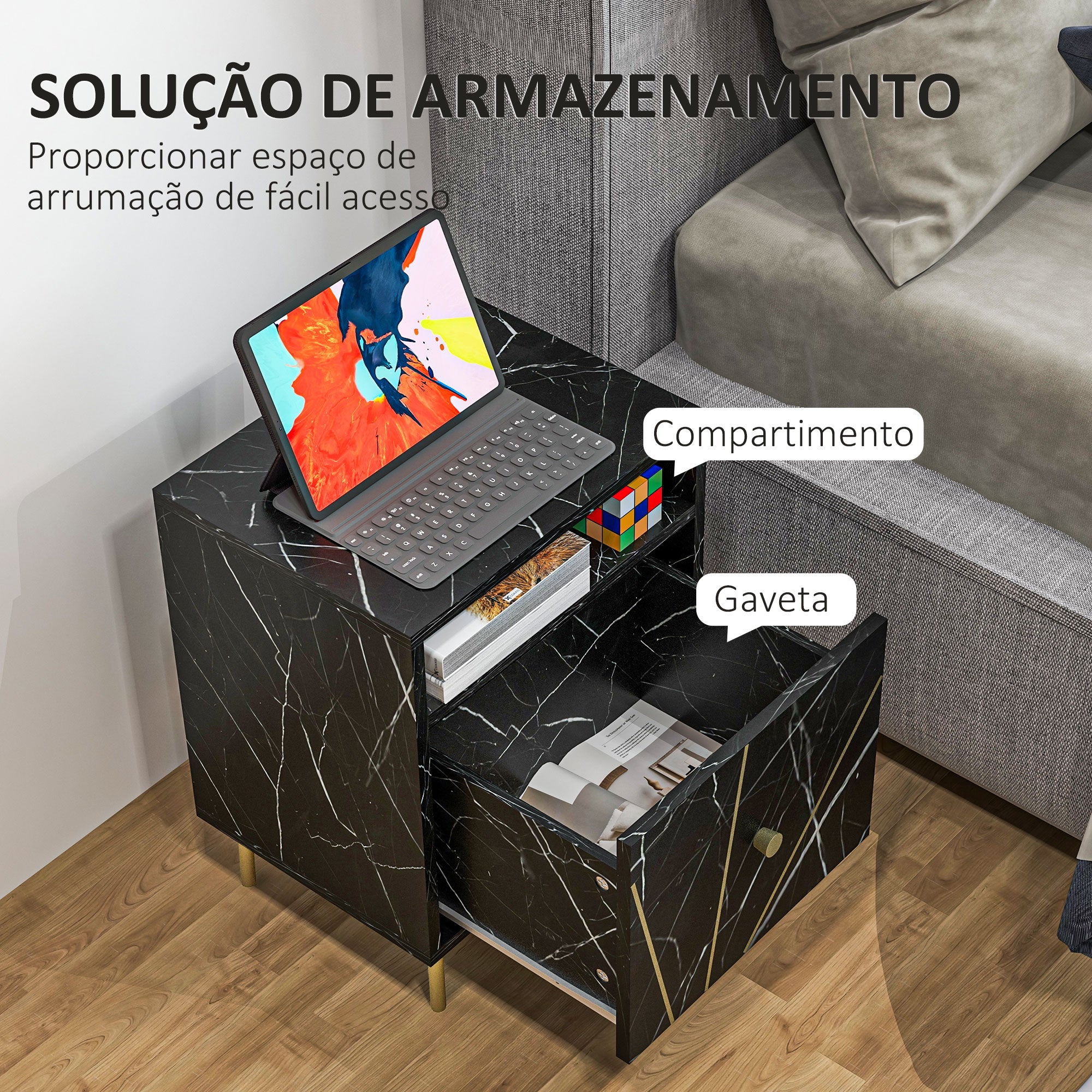 Mesinha de Cabeceira Moderna com Efeito Mármore 39x30x50 cm - Preto