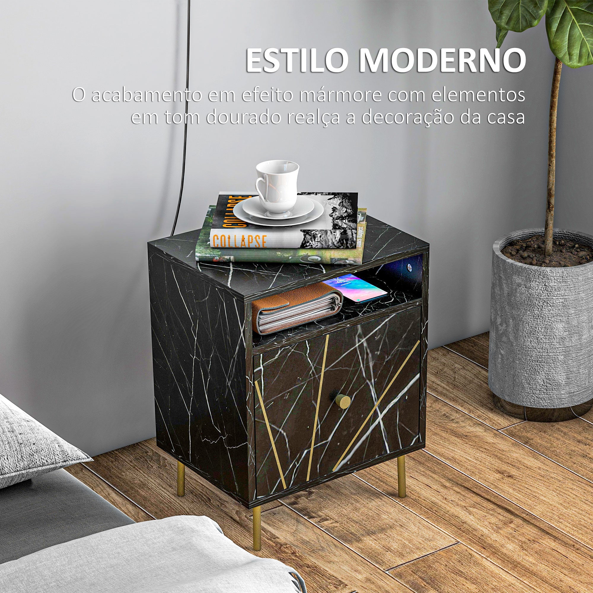 Mesinha de Cabeceira Moderna com Efeito Mármore 39x30x50 cm - Preto